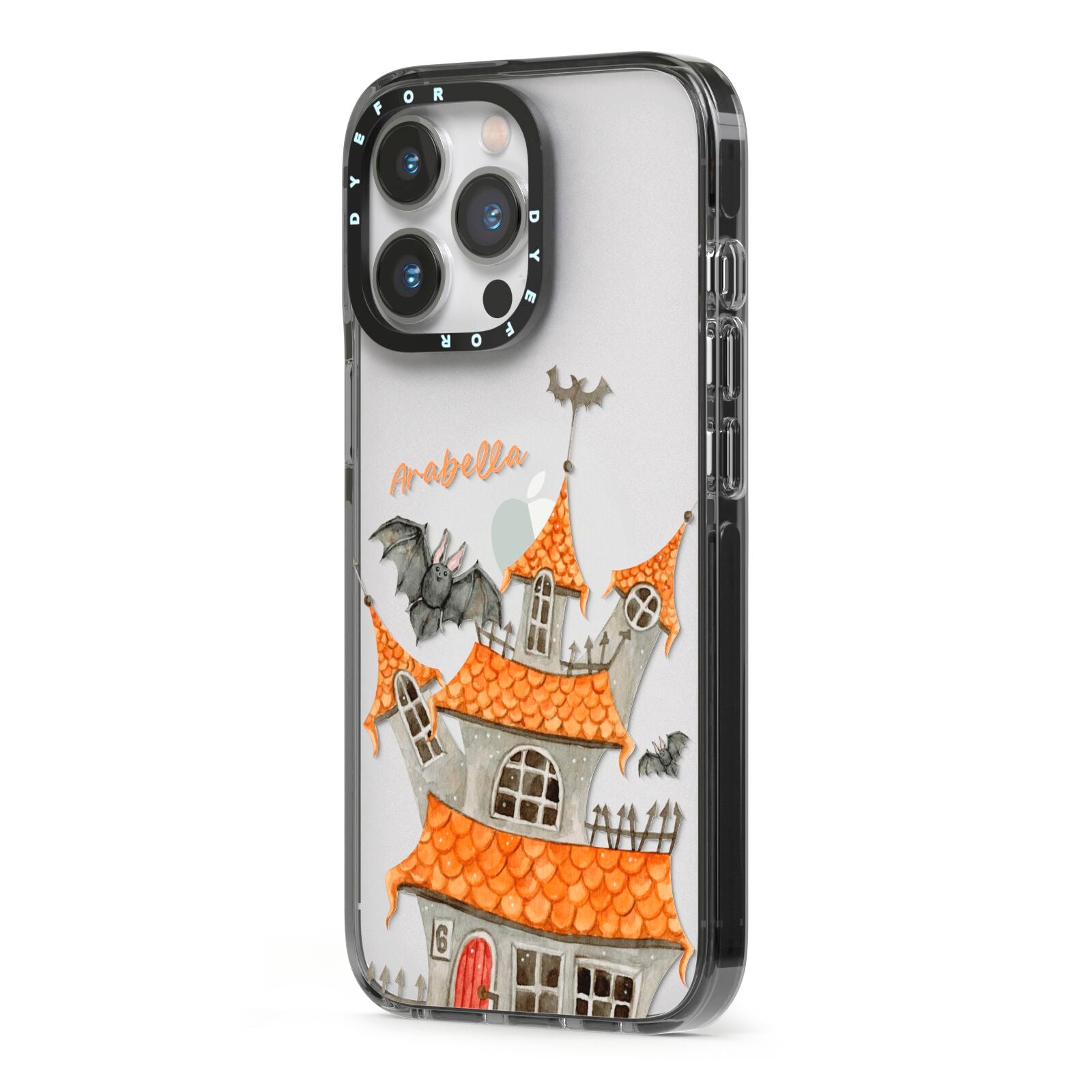 Personalised Haunted House iPhone 13 Pro Black Impact Case Side Angle on Silver phone