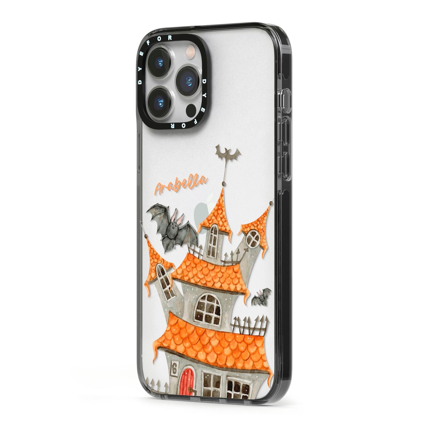 Personalised Haunted House iPhone 13 Pro Max Black Impact Case Side Angle on Silver phone