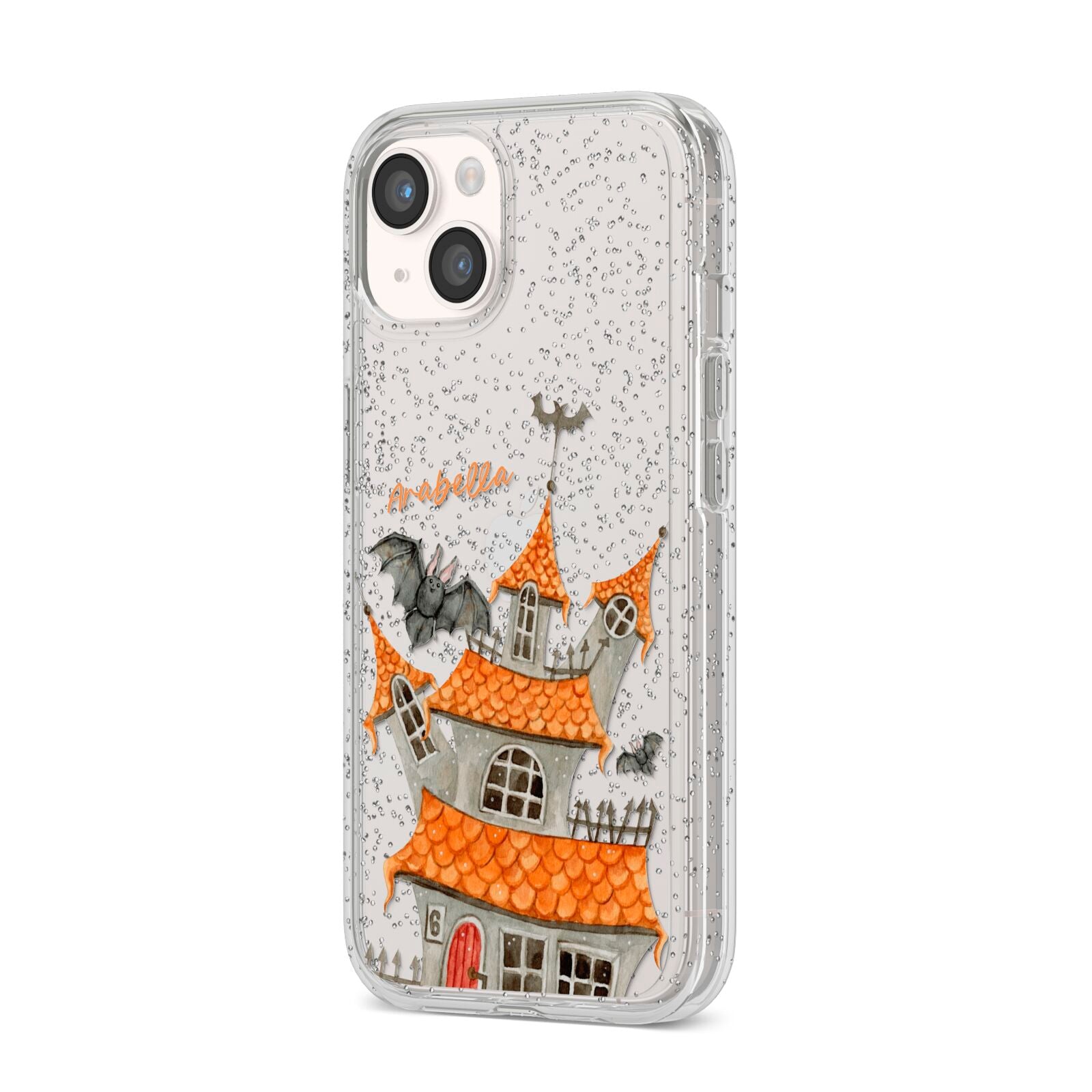 Personalised Haunted House iPhone 14 Glitter Tough Case Starlight Angled Image