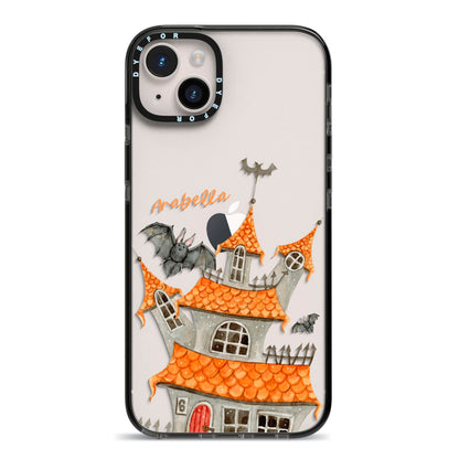 Personalised Haunted House iPhone 14 Plus Black Impact Case on Silver phone