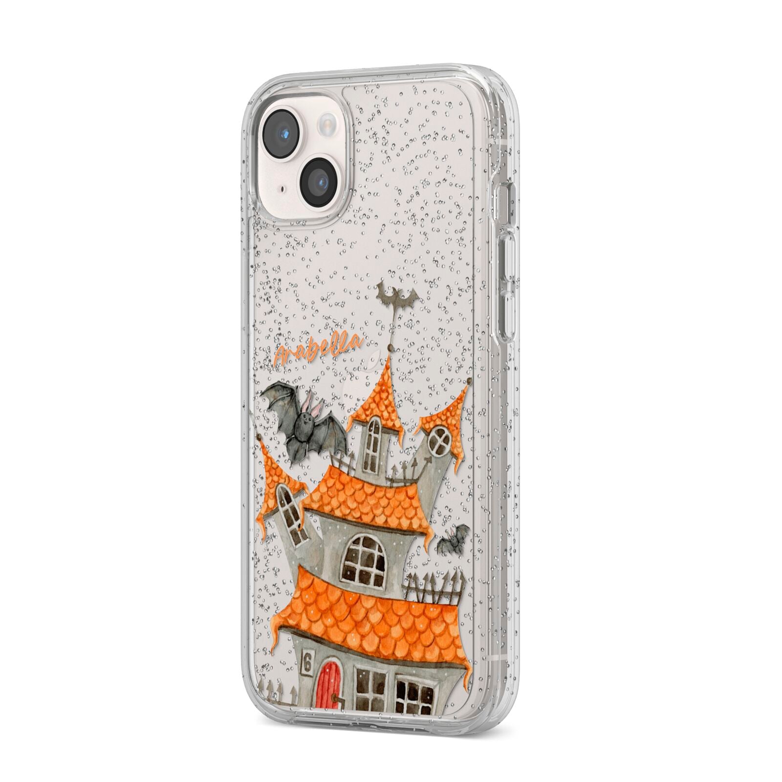 Personalised Haunted House iPhone 14 Plus Glitter Tough Case Starlight Angled Image