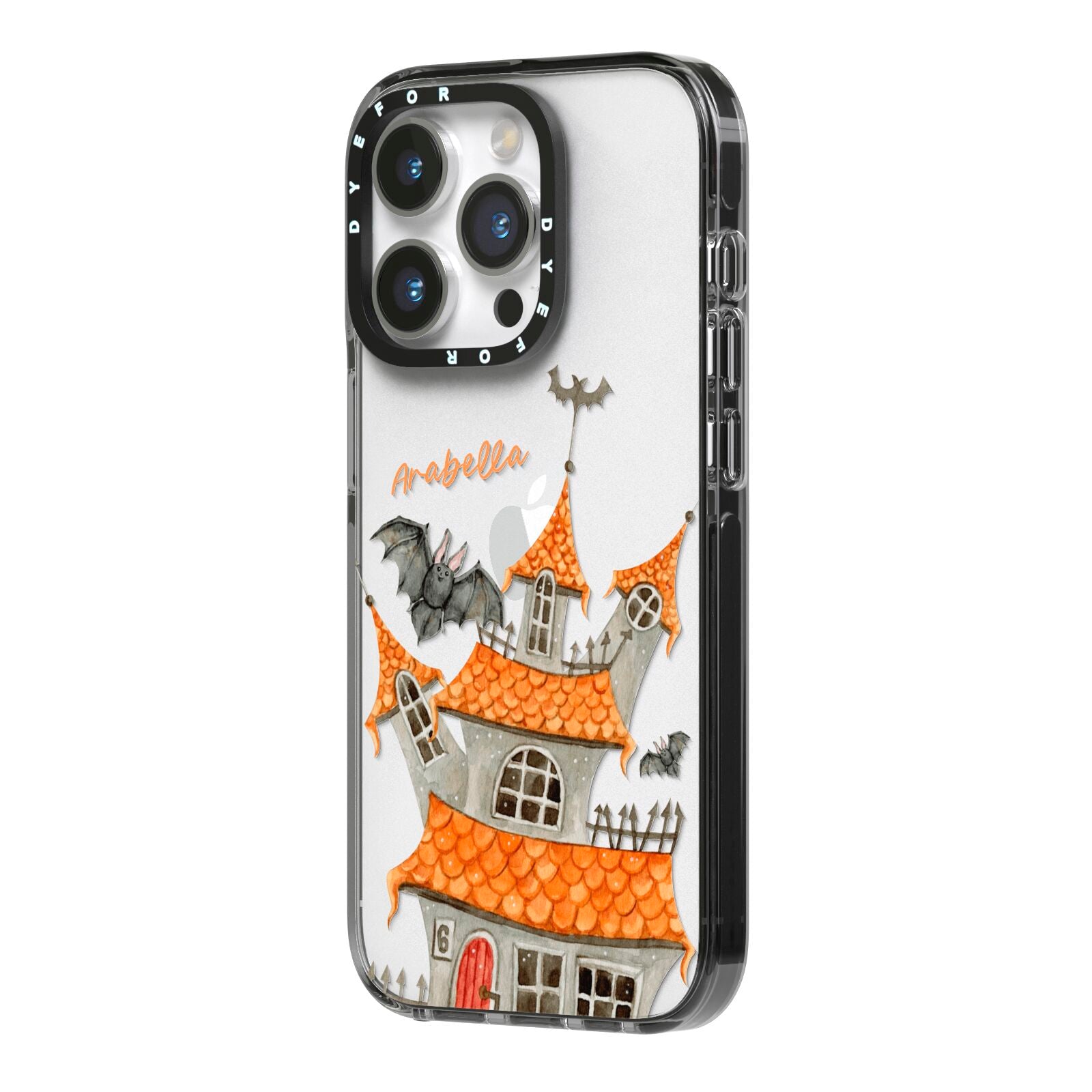 Personalised Haunted House iPhone 14 Pro Black Impact Case Side Angle on Silver phone