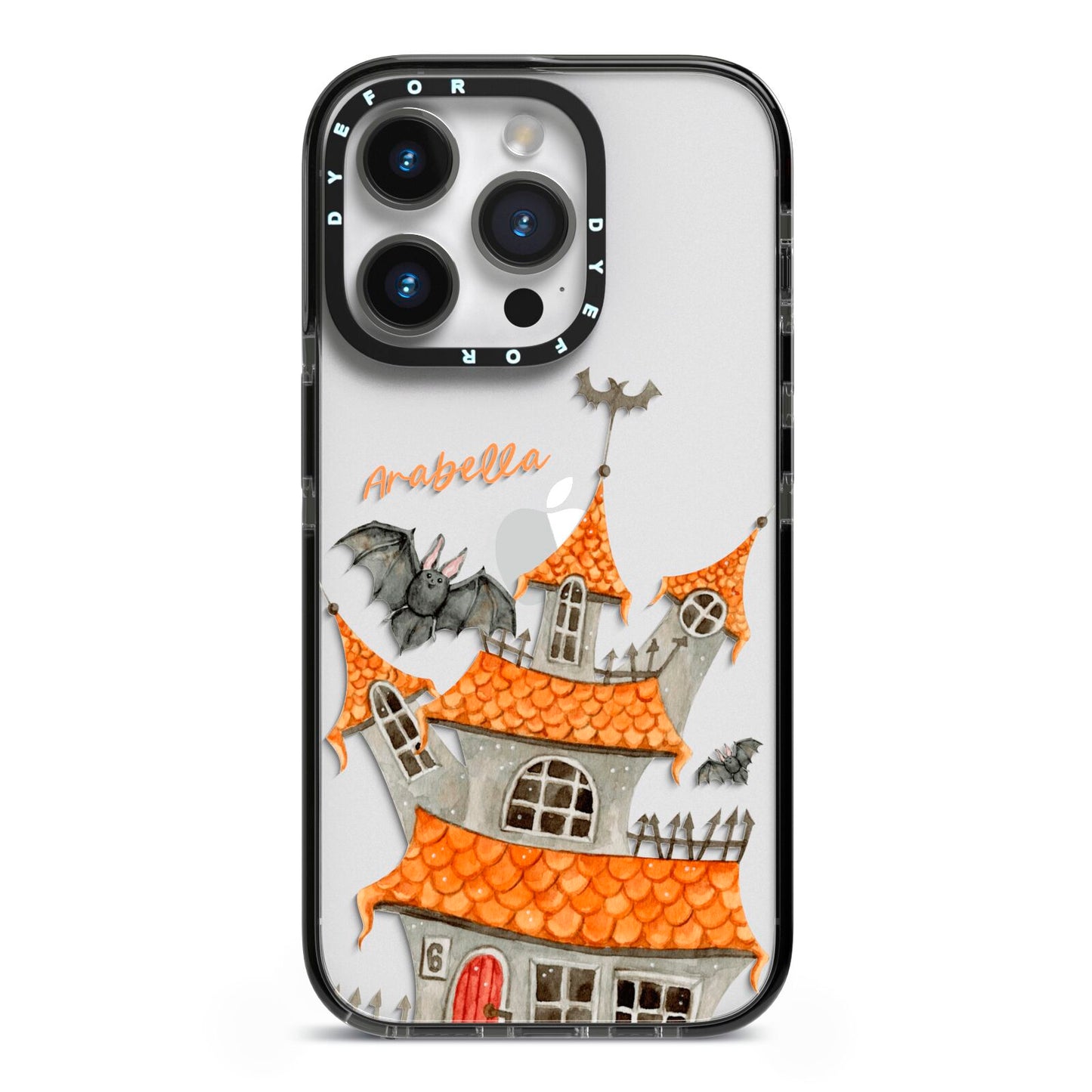 Personalised Haunted House iPhone 14 Pro Black Impact Case on Silver phone