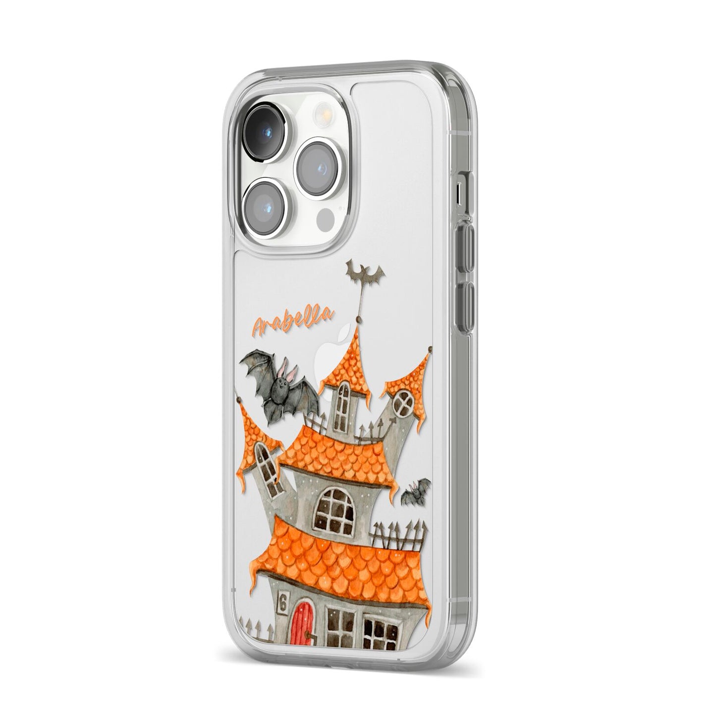 Personalised Haunted House iPhone 14 Pro Clear Tough Case Silver Angled Image