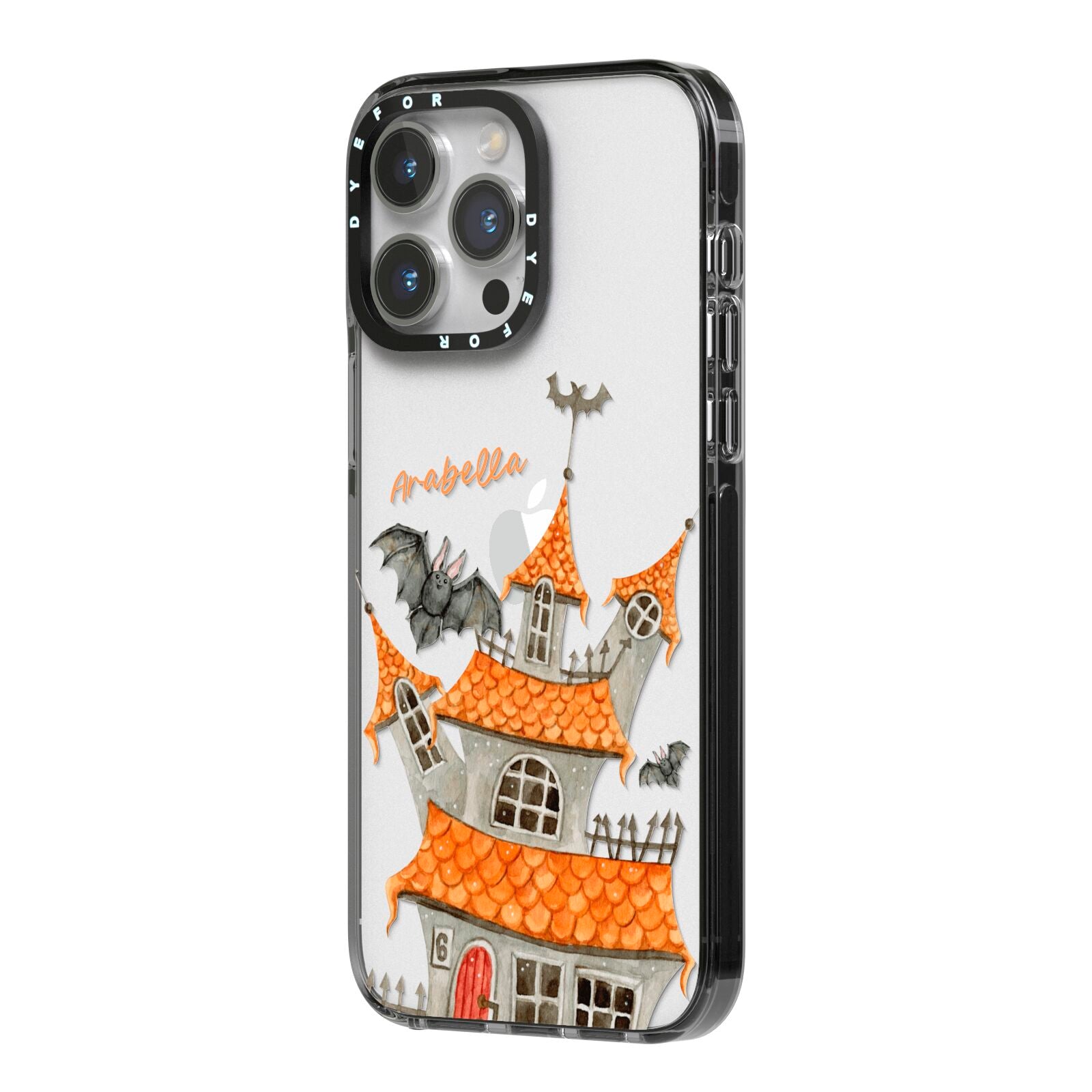 Personalised Haunted House iPhone 14 Pro Max Black Impact Case Side Angle on Silver phone