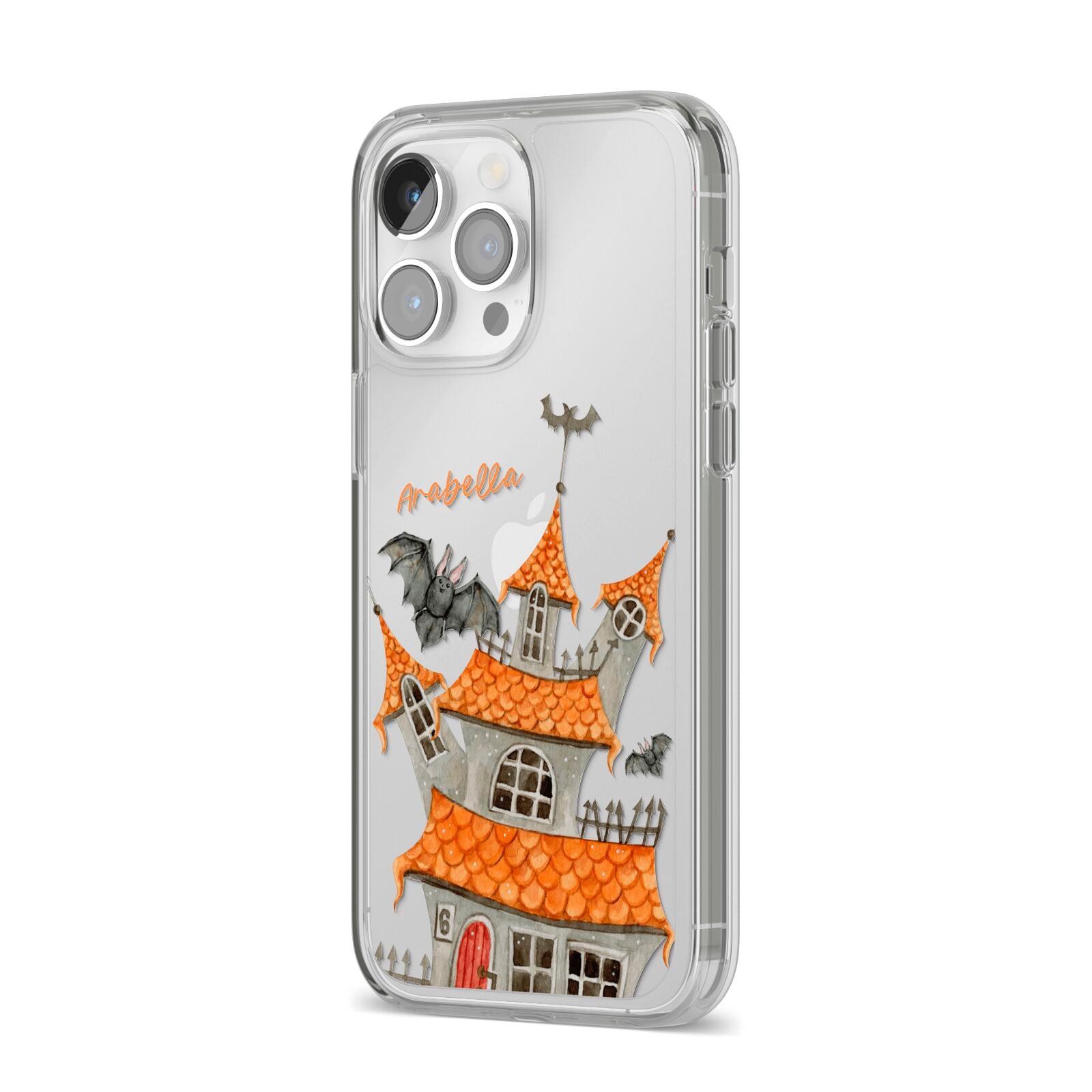 Personalised Haunted House iPhone 14 Pro Max Clear Tough Case Silver Angled Image