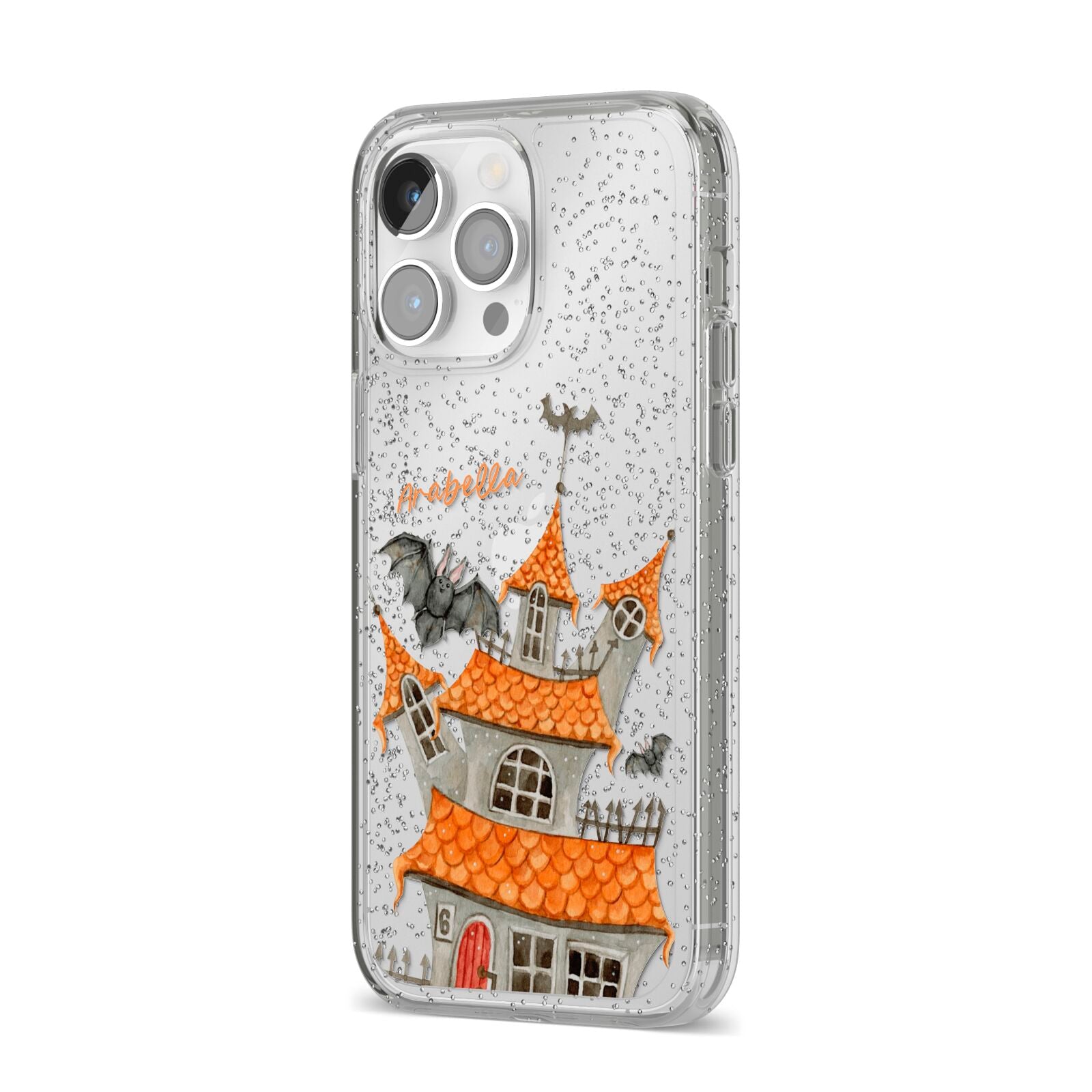 Personalised Haunted House iPhone 14 Pro Max Glitter Tough Case Silver Angled Image