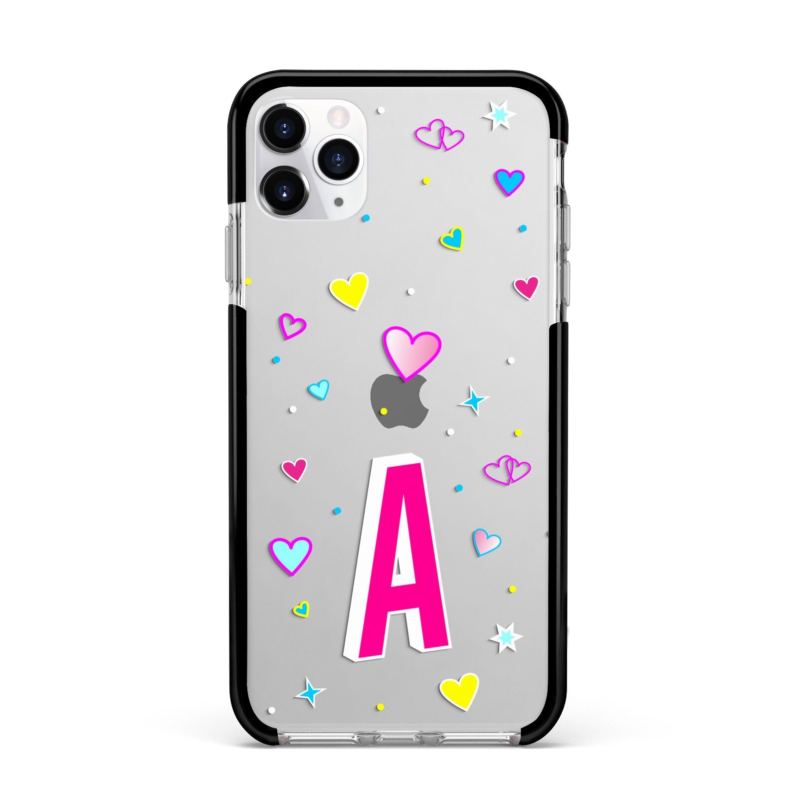 Personalised Heart Alphabet Clear Apple iPhone 11 Pro Max in Silver with Black Impact Case