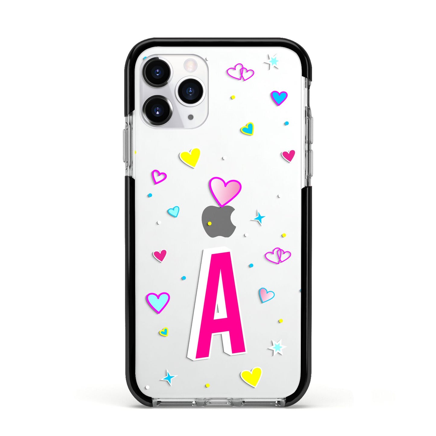 Personalised Heart Alphabet Clear Apple iPhone 11 Pro in Silver with Black Impact Case