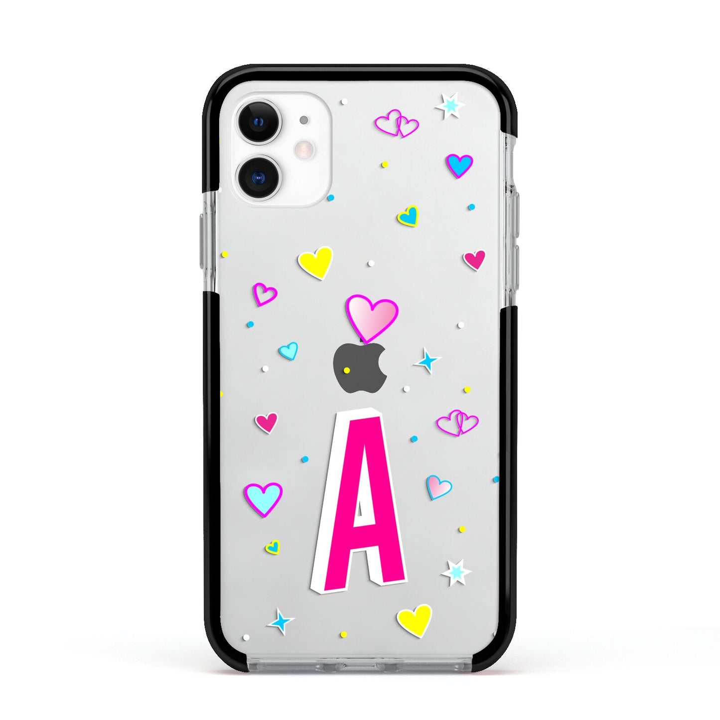 Personalised Heart Alphabet Clear Apple iPhone 11 in White with Black Impact Case