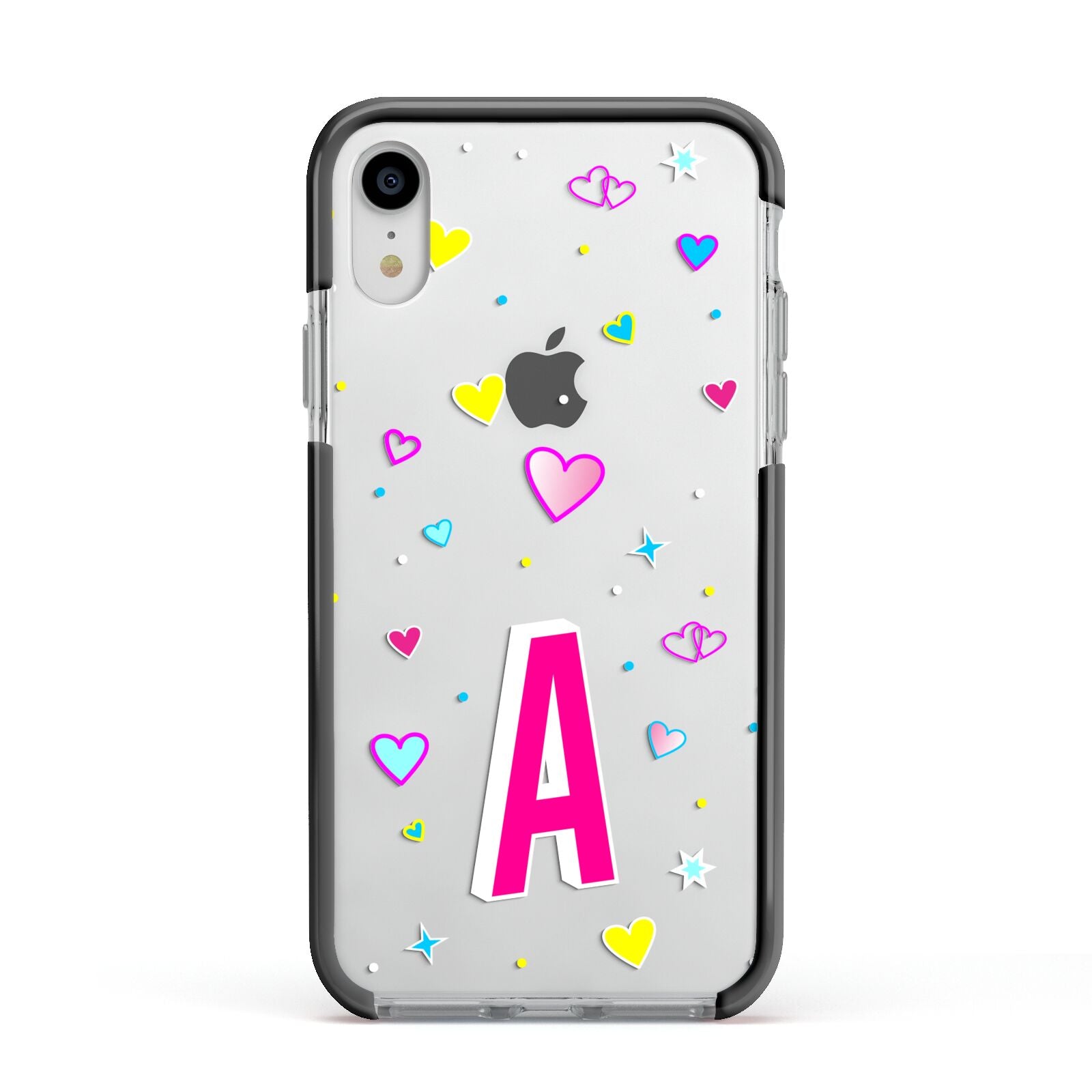 Personalised Heart Alphabet Clear Apple iPhone XR Impact Case Black Edge on Silver Phone