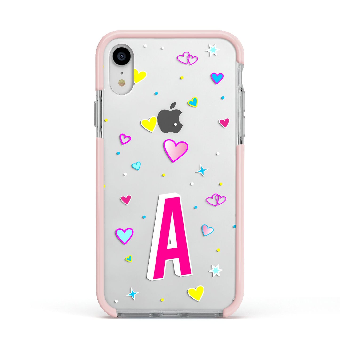 Personalised Heart Alphabet Clear Apple iPhone XR Impact Case Pink Edge on Silver Phone