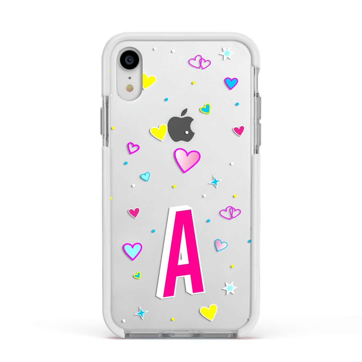 Personalised Heart Alphabet Clear Apple iPhone XR Impact Case White Edge on Silver Phone