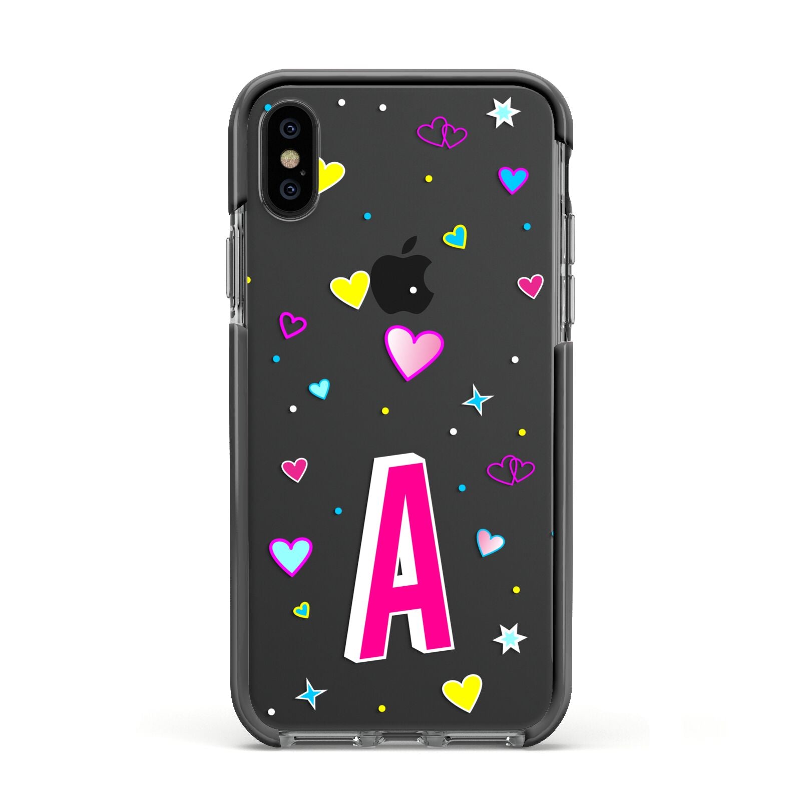 Personalised Heart Alphabet Clear Apple iPhone Xs Impact Case Black Edge on Black Phone