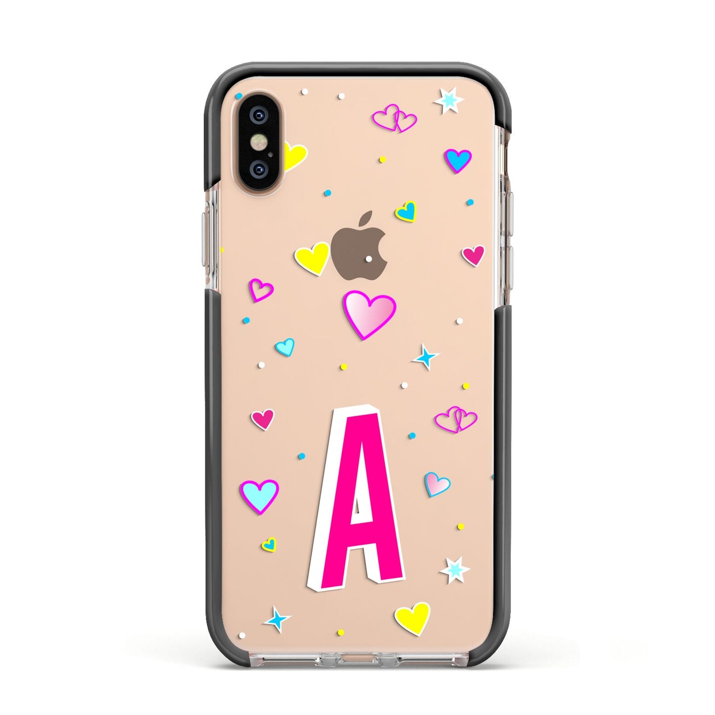 Personalised Heart Alphabet Clear Apple iPhone Xs Impact Case Black Edge on Gold Phone