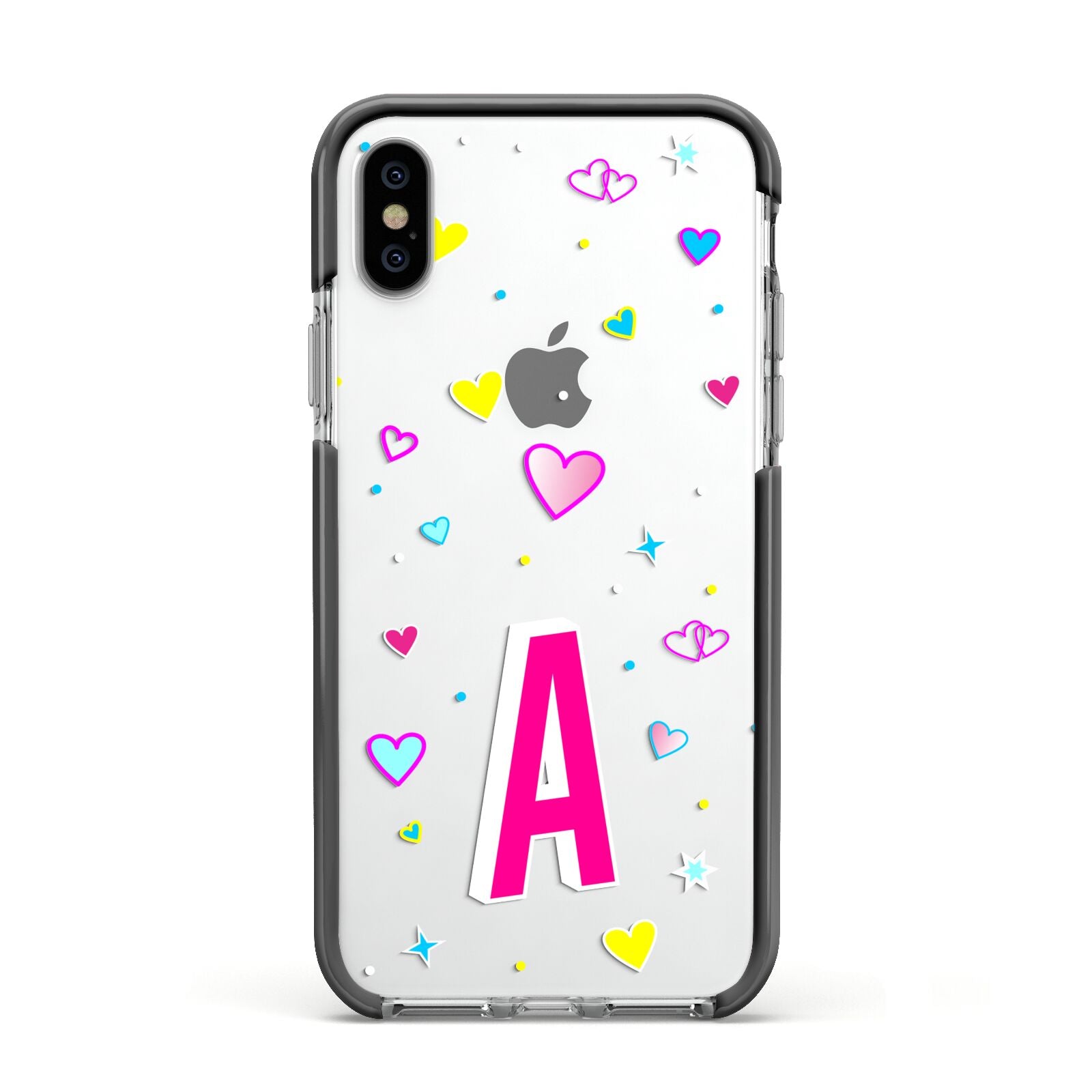 Personalised Heart Alphabet Clear Apple iPhone Xs Impact Case Black Edge on Silver Phone