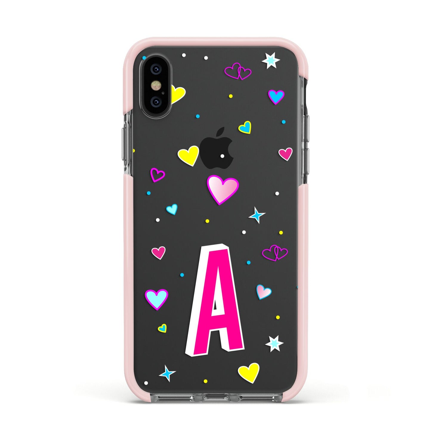 Personalised Heart Alphabet Clear Apple iPhone Xs Impact Case Pink Edge on Black Phone