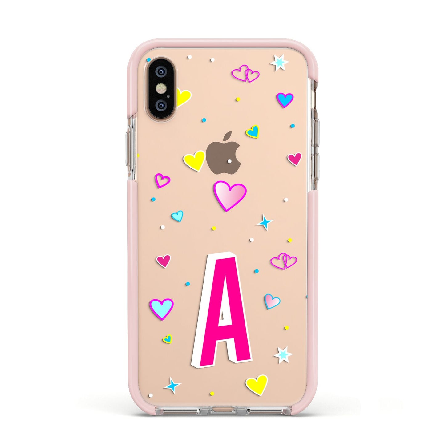 Personalised Heart Alphabet Clear Apple iPhone Xs Impact Case Pink Edge on Gold Phone