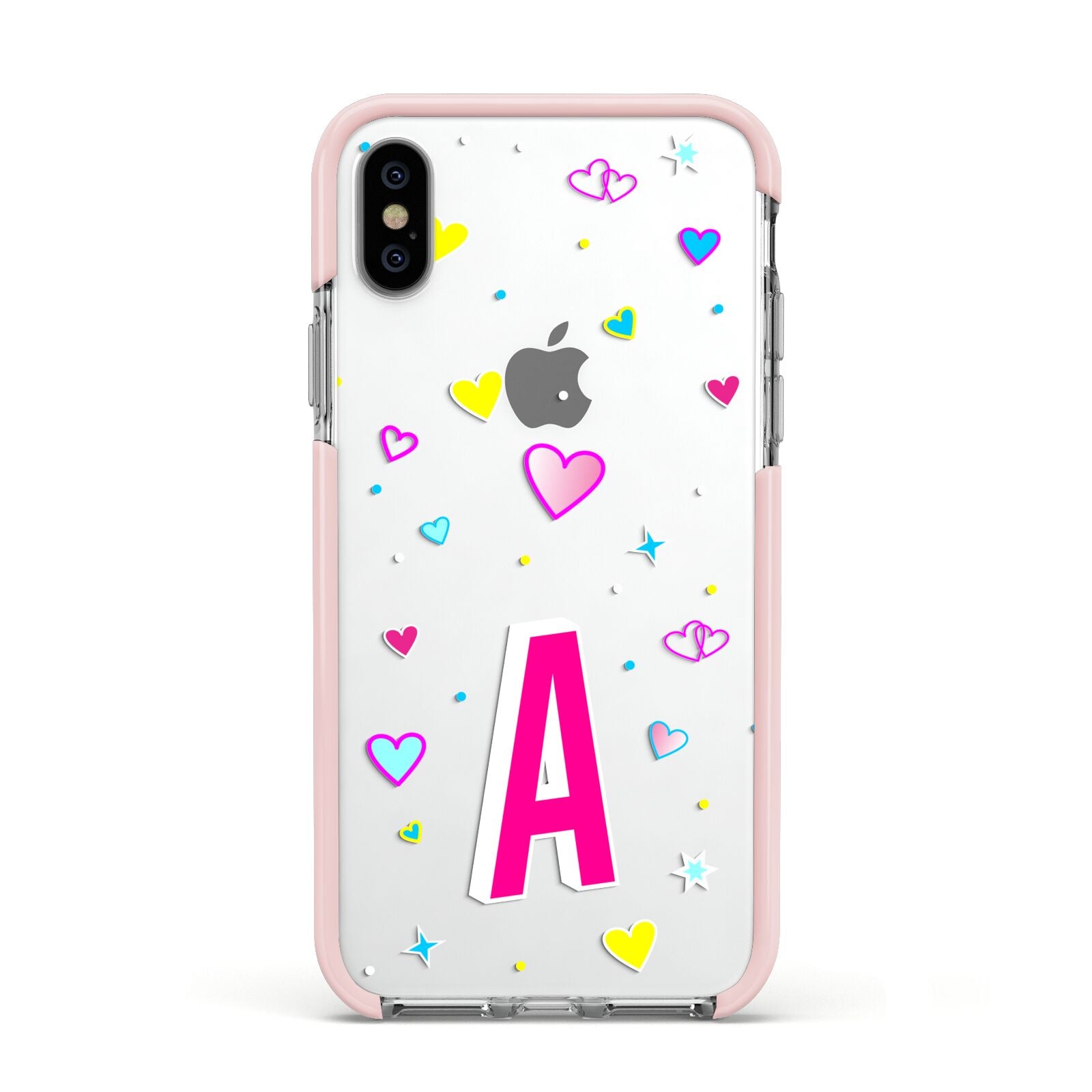 Personalised Heart Alphabet Clear Apple iPhone Xs Impact Case Pink Edge on Silver Phone