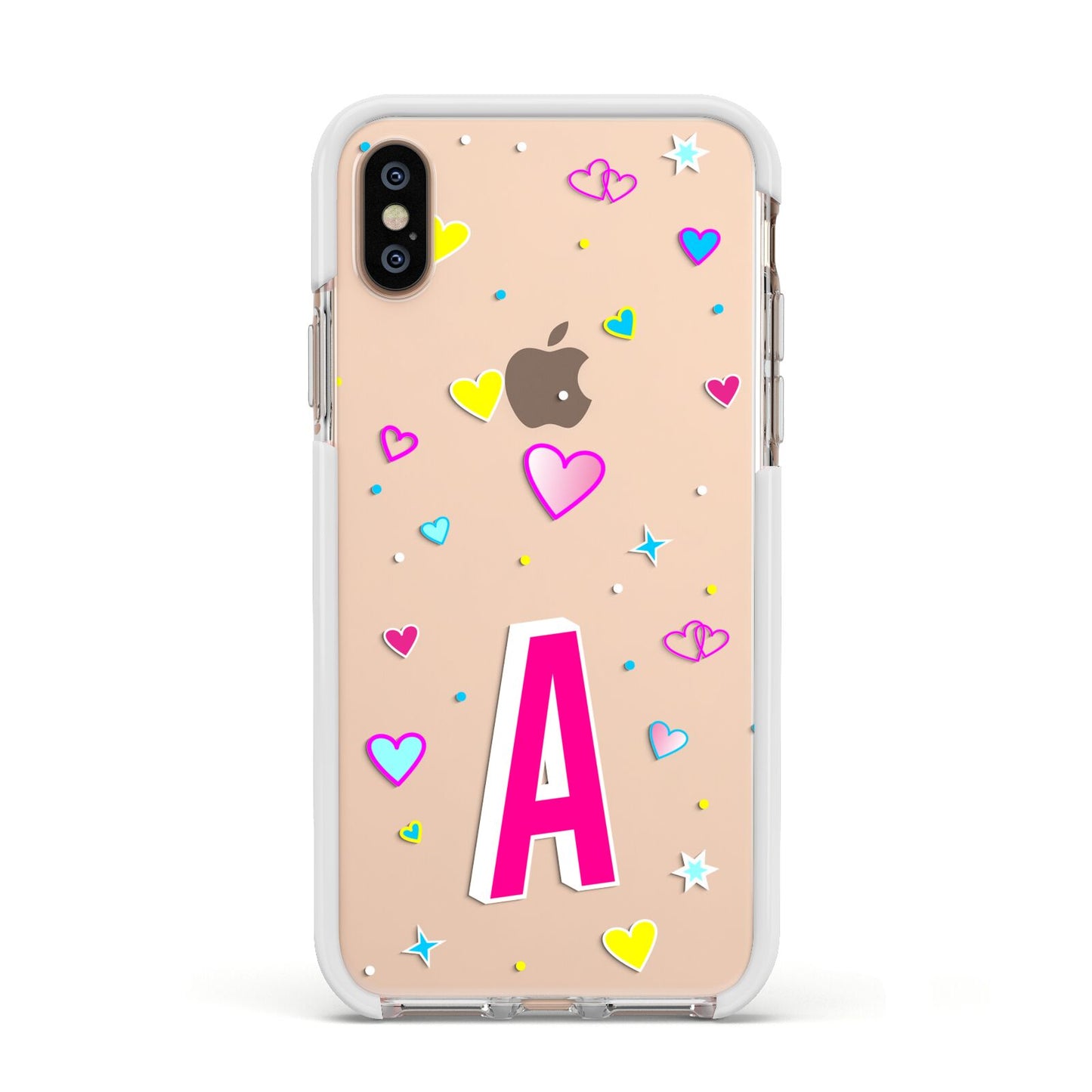 Personalised Heart Alphabet Clear Apple iPhone Xs Impact Case White Edge on Gold Phone