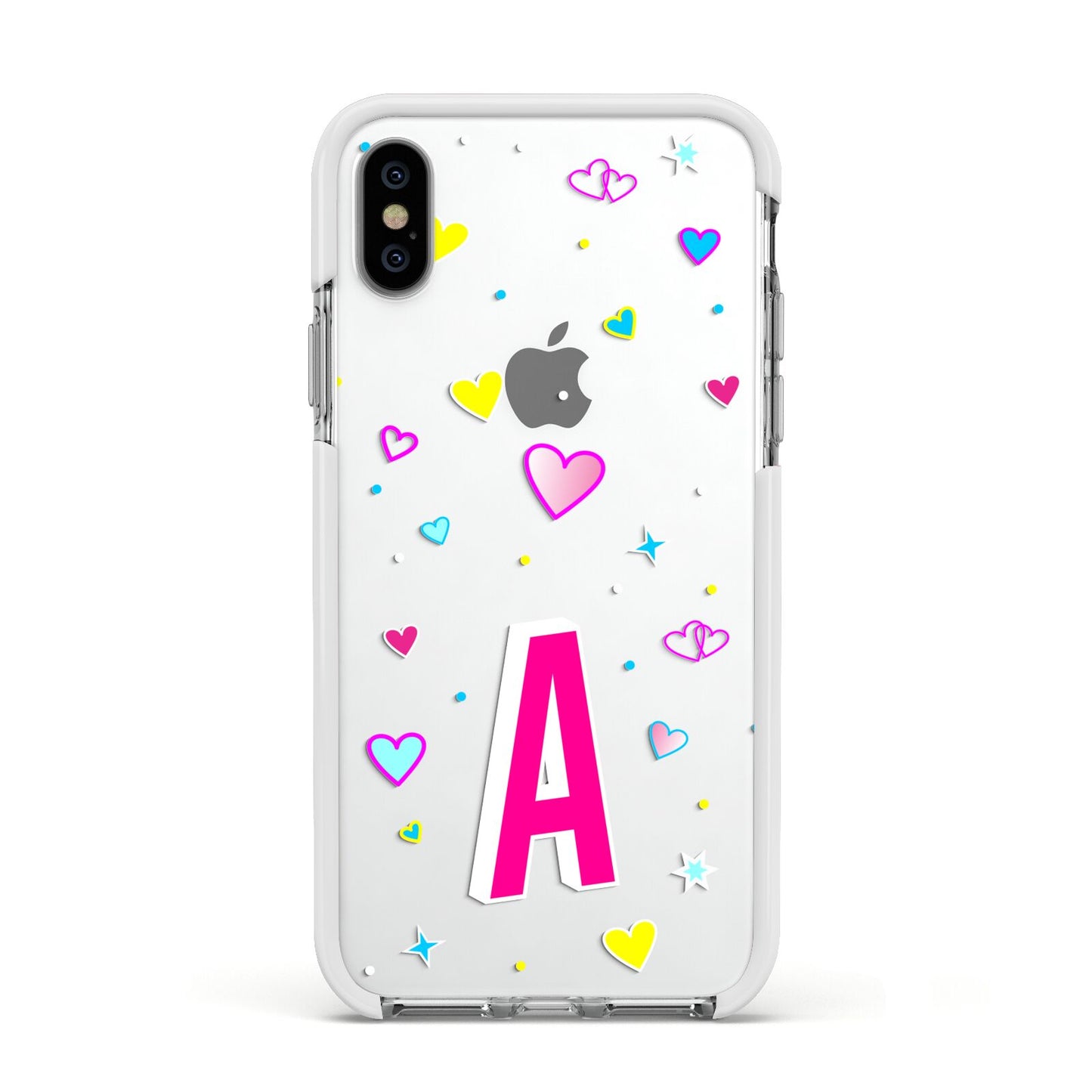 Personalised Heart Alphabet Clear Apple iPhone Xs Impact Case White Edge on Silver Phone