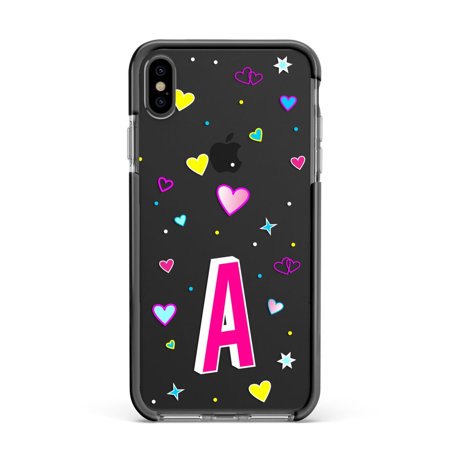 Personalised Heart Alphabet Clear Apple iPhone Xs Max Impact Case Black Edge on Black Phone