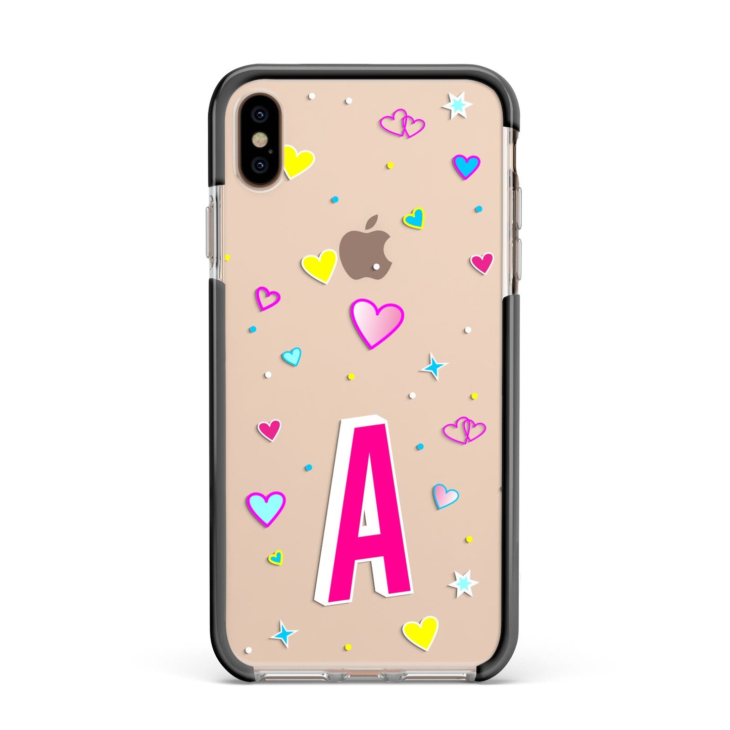 Personalised Heart Alphabet Clear Apple iPhone Xs Max Impact Case Black Edge on Gold Phone