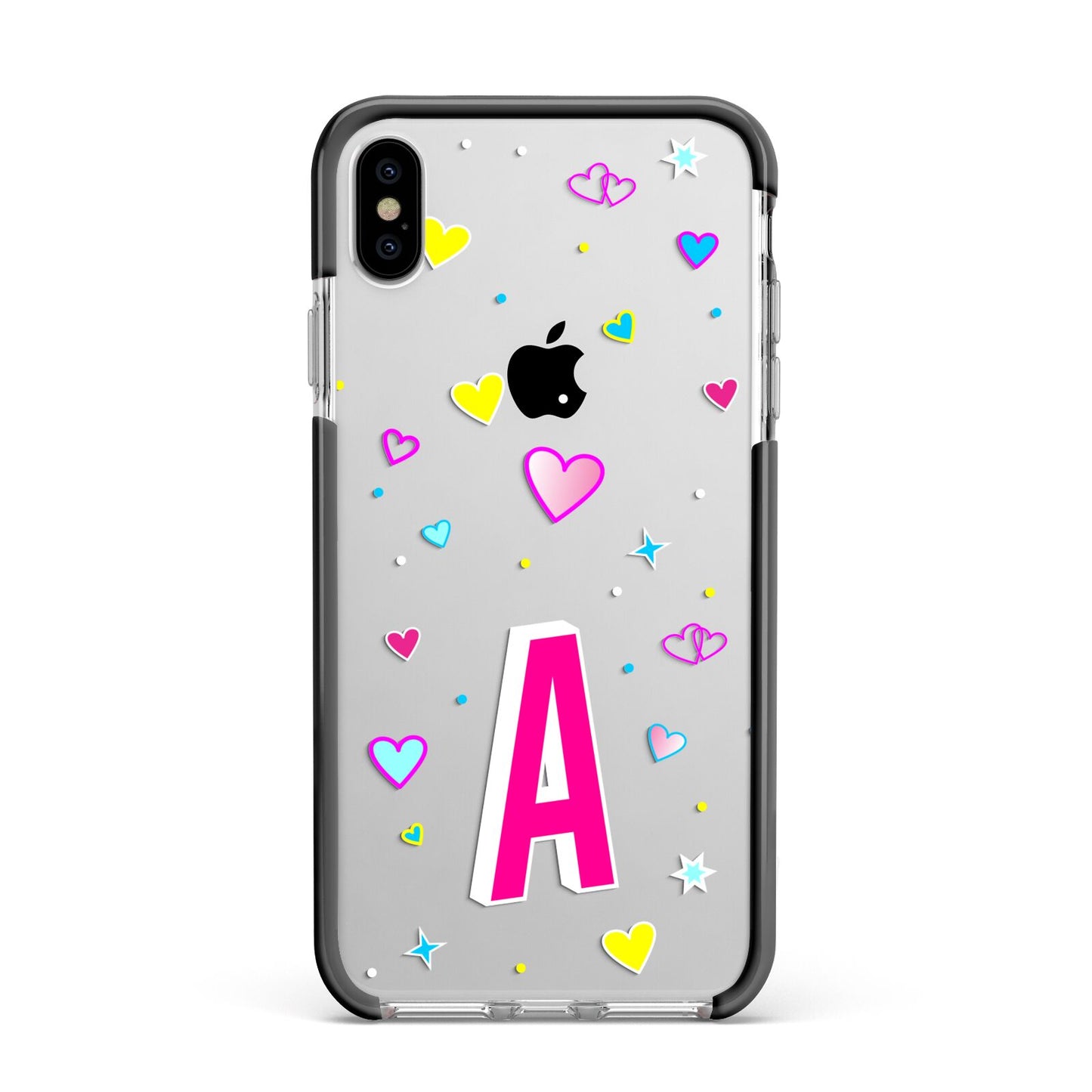 Personalised Heart Alphabet Clear Apple iPhone Xs Max Impact Case Black Edge on Silver Phone