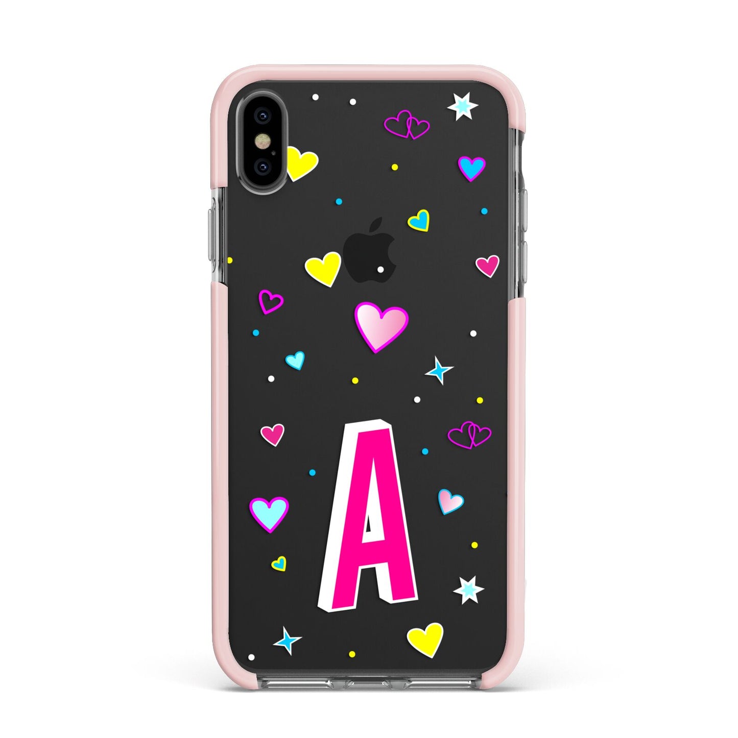 Personalised Heart Alphabet Clear Apple iPhone Xs Max Impact Case Pink Edge on Black Phone