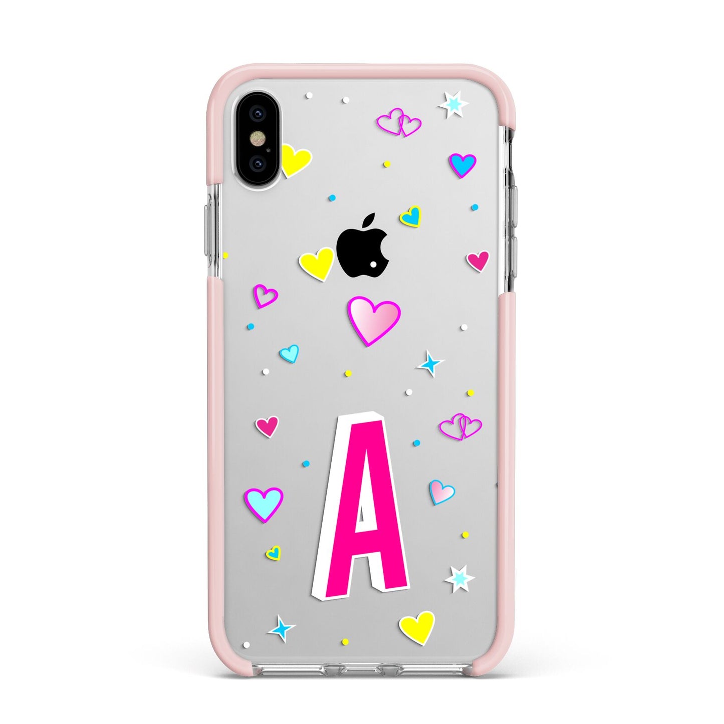 Personalised Heart Alphabet Clear Apple iPhone Xs Max Impact Case Pink Edge on Silver Phone