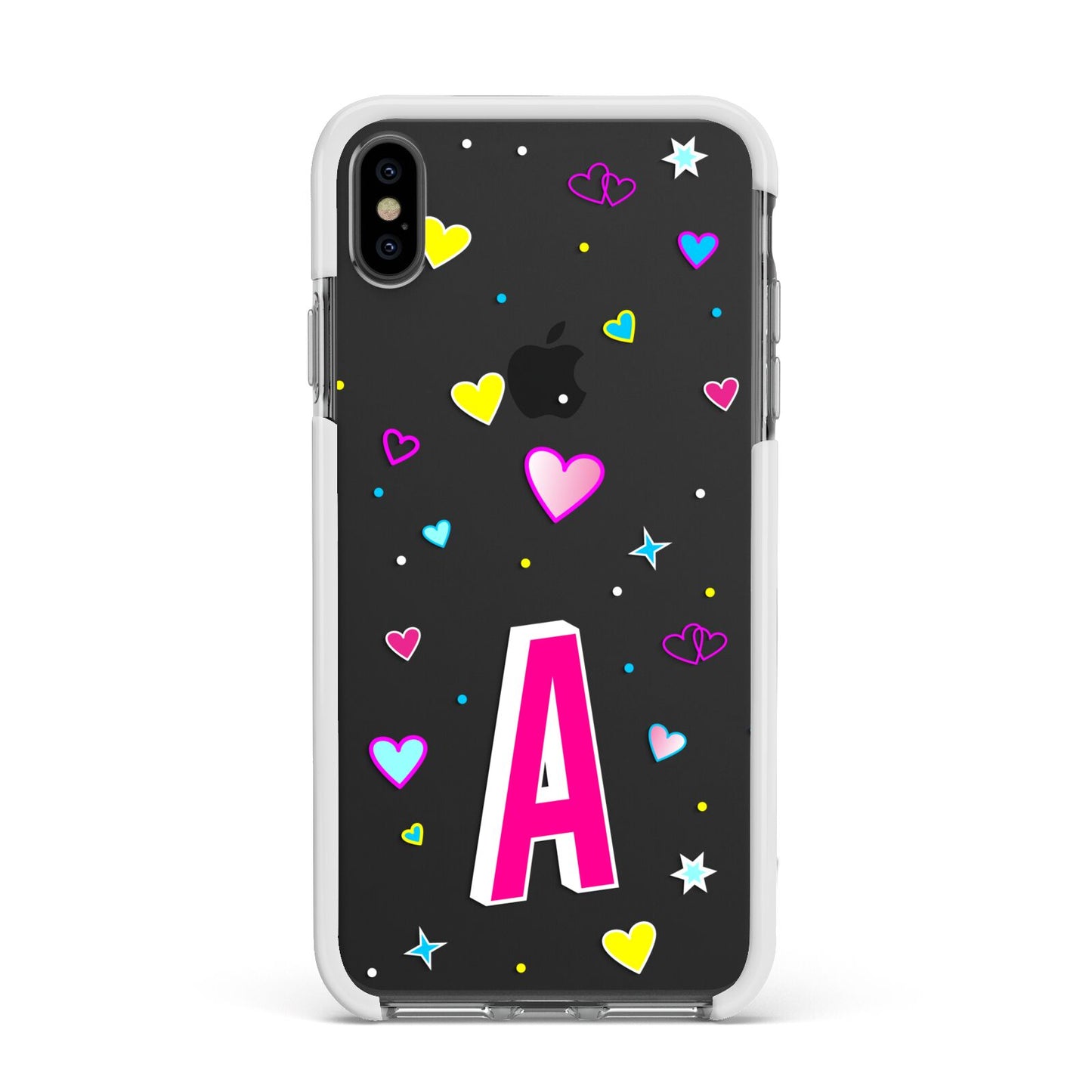 Personalised Heart Alphabet Clear Apple iPhone Xs Max Impact Case White Edge on Black Phone