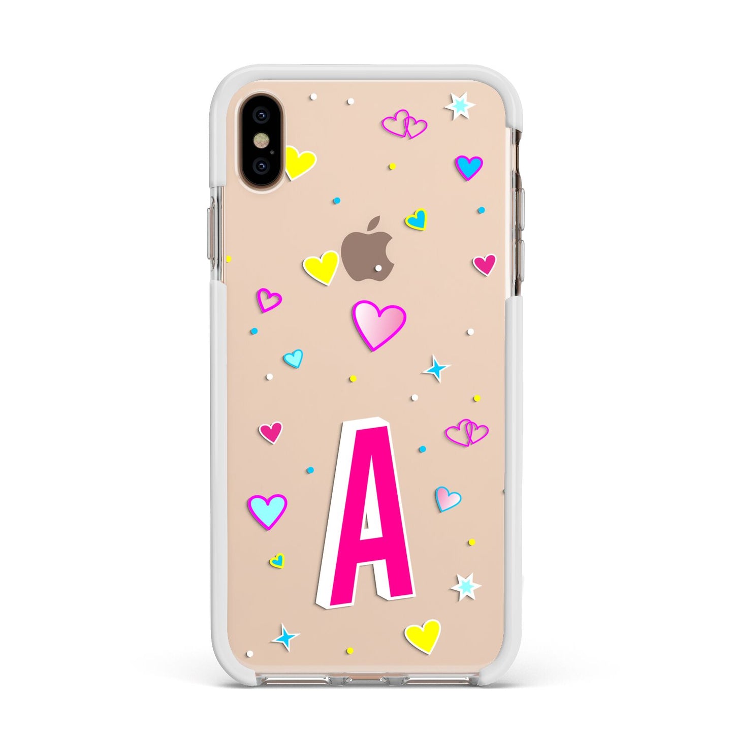 Personalised Heart Alphabet Clear Apple iPhone Xs Max Impact Case White Edge on Gold Phone