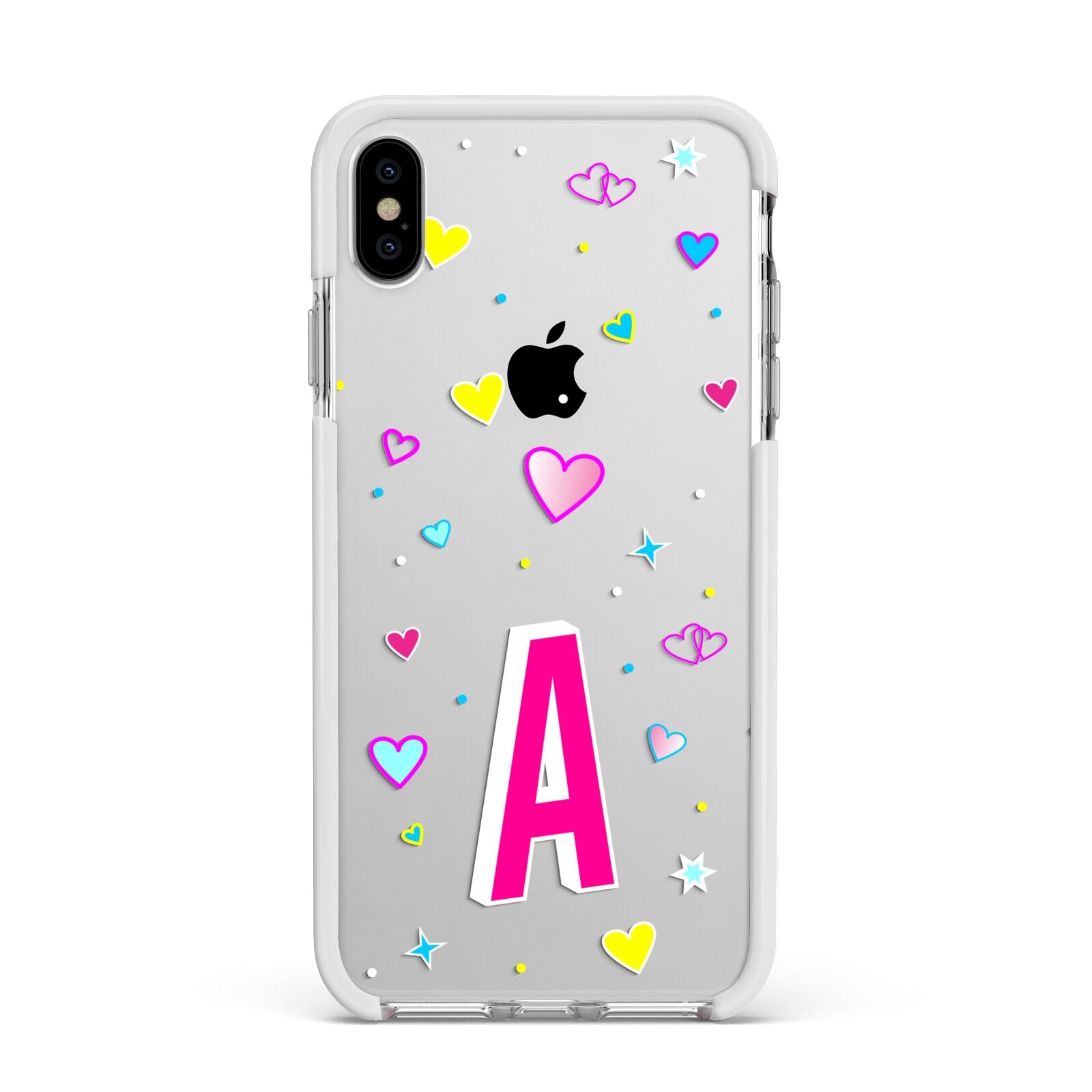 Personalised Heart Alphabet Clear Apple iPhone Xs Max Impact Case White Edge on Silver Phone