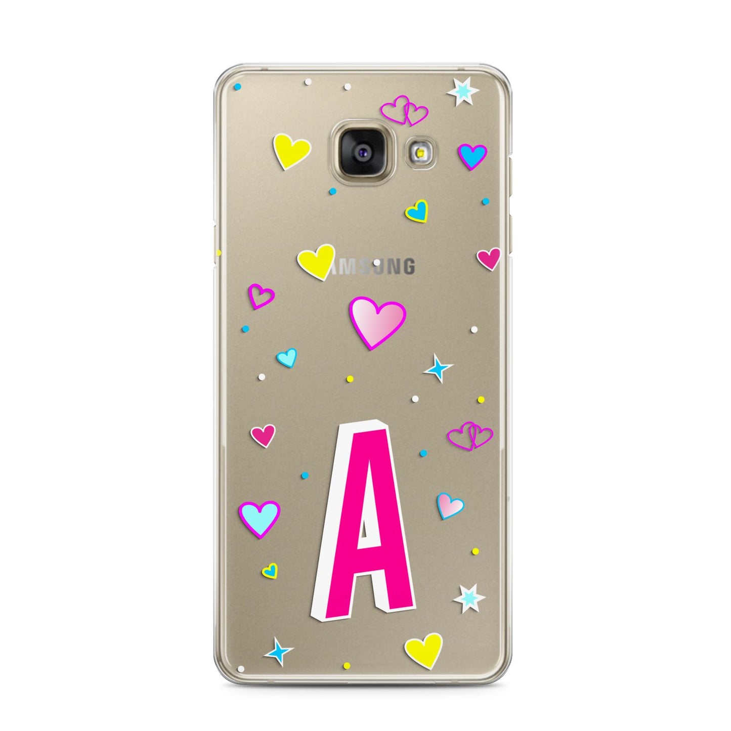 Personalised Heart Alphabet Clear Samsung Galaxy A3 2016 Case on gold phone
