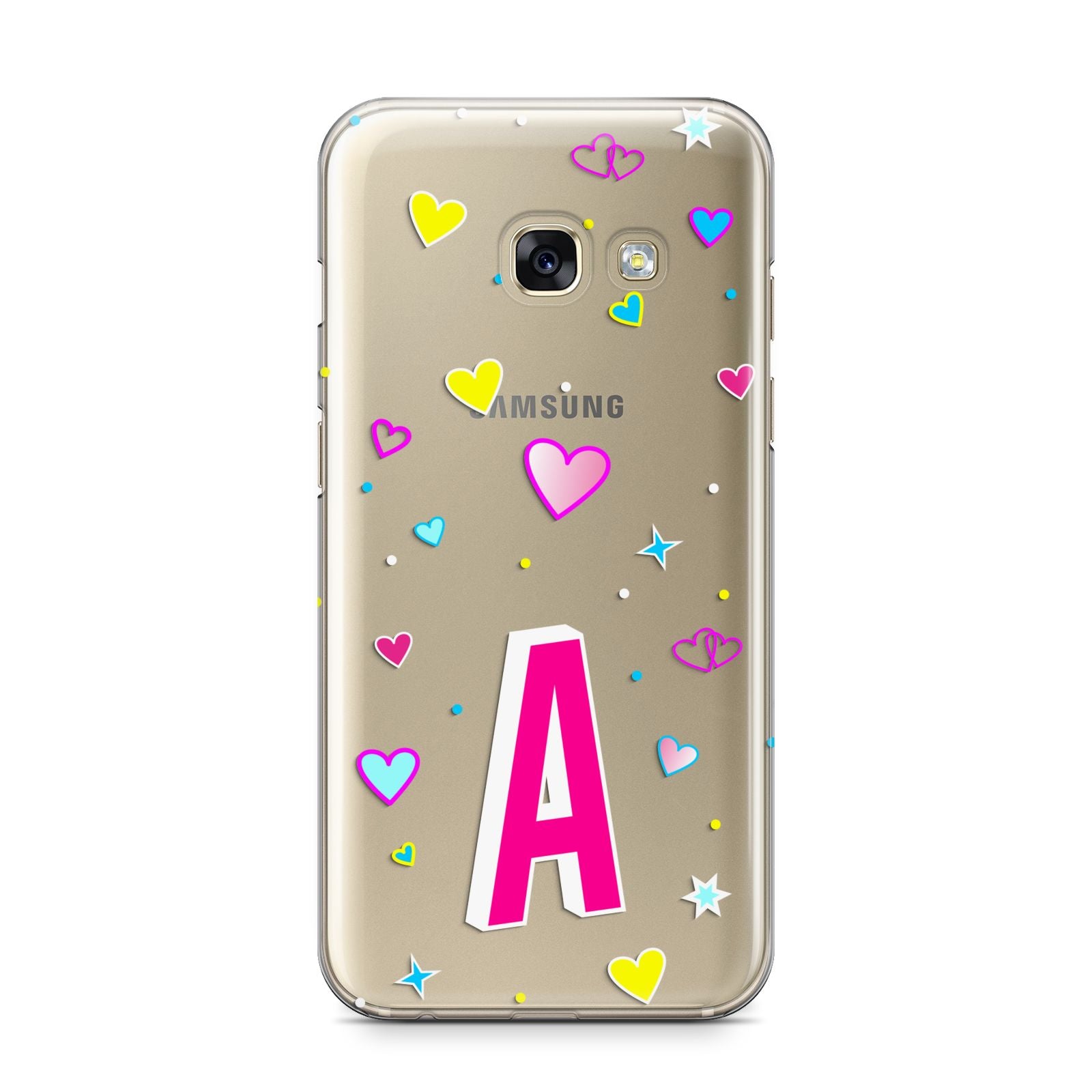 Personalised Heart Alphabet Clear Samsung Galaxy A3 2017 Case on gold phone