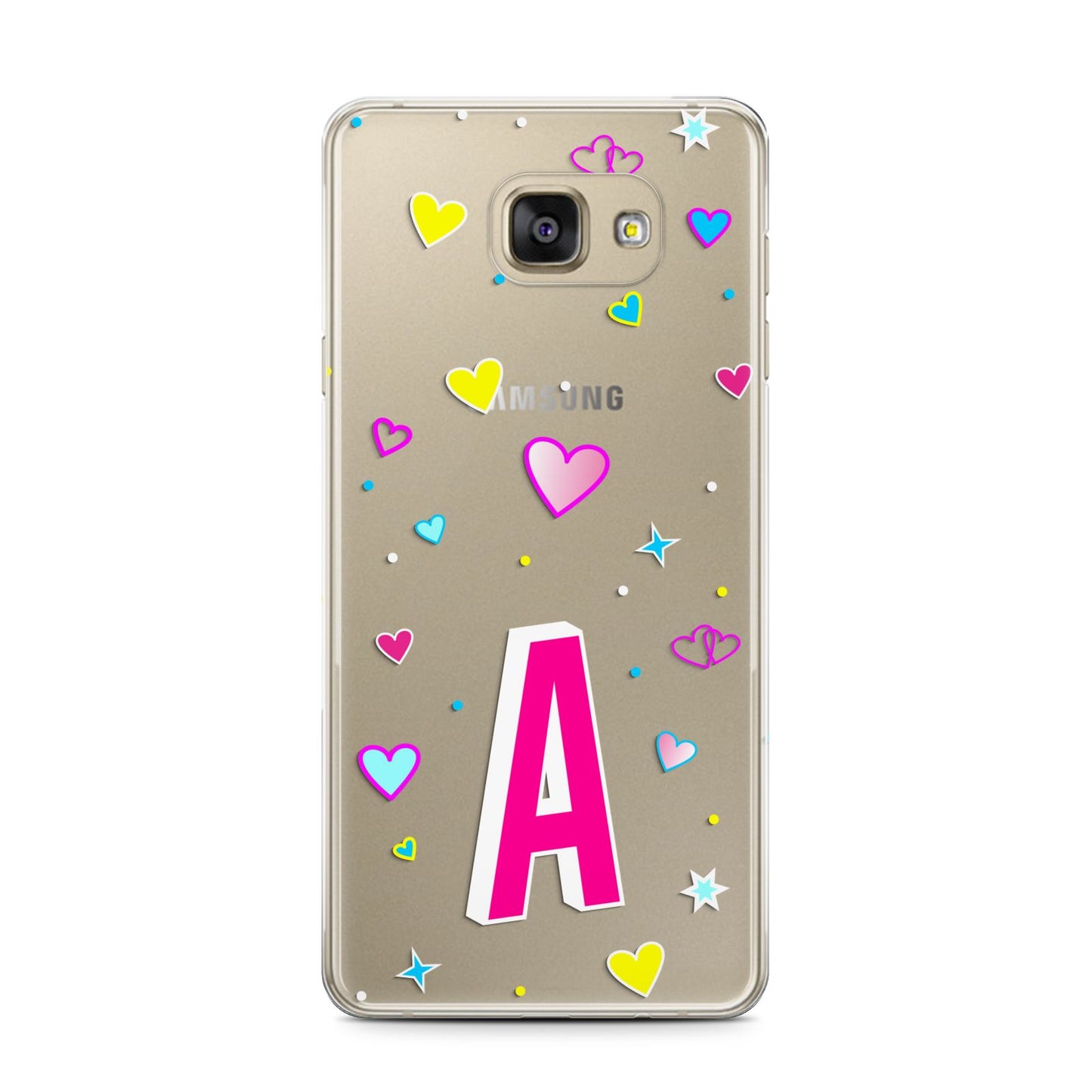 Personalised Heart Alphabet Clear Samsung Galaxy A7 2016 Case on gold phone