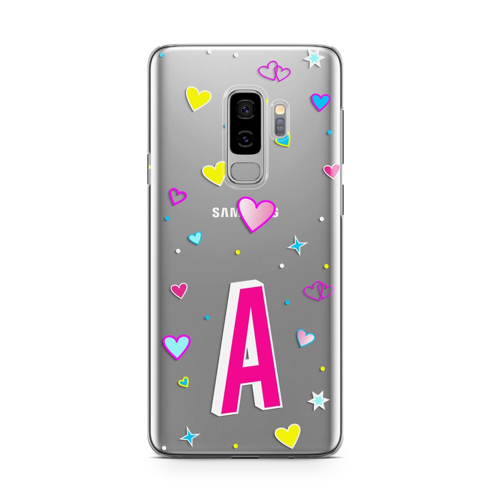 Personalised Heart Alphabet Clear Samsung Galaxy S9 Plus Case on Silver phone