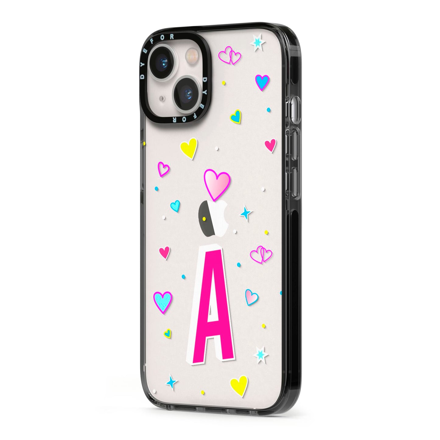 Personalised Heart Alphabet Clear iPhone 13 Black Impact Case Side Angle on Silver phone