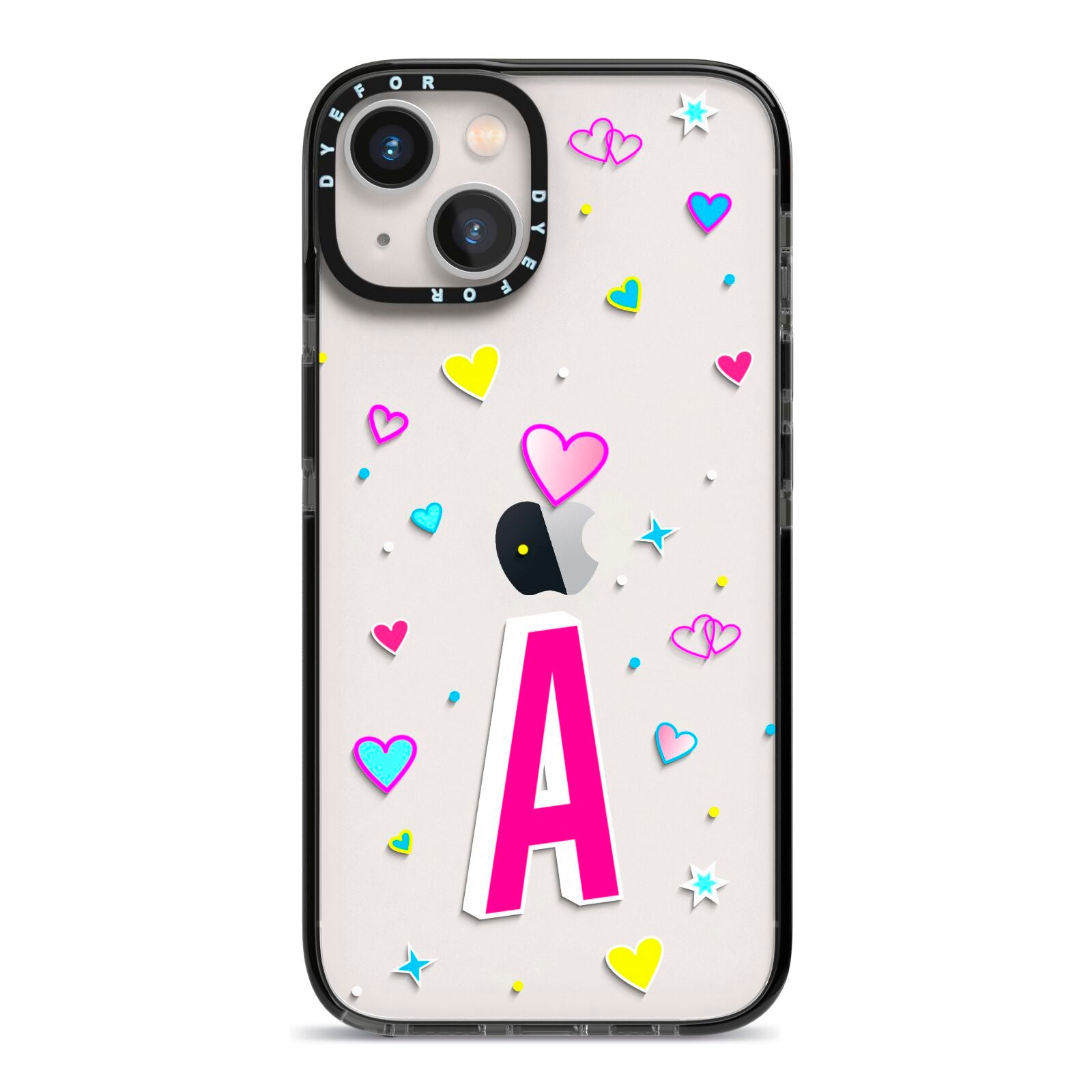 Personalised Heart Alphabet Clear iPhone 13 Black Impact Case on Silver phone