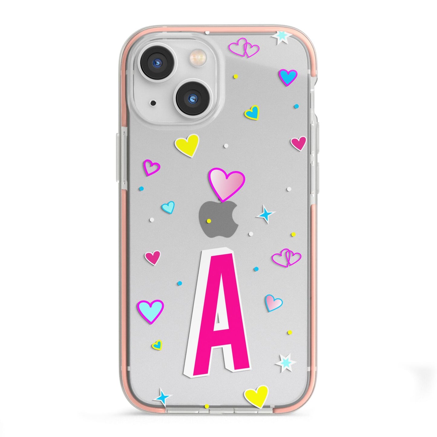 Personalised Heart Alphabet Clear iPhone 13 Mini TPU Impact Case with Pink Edges