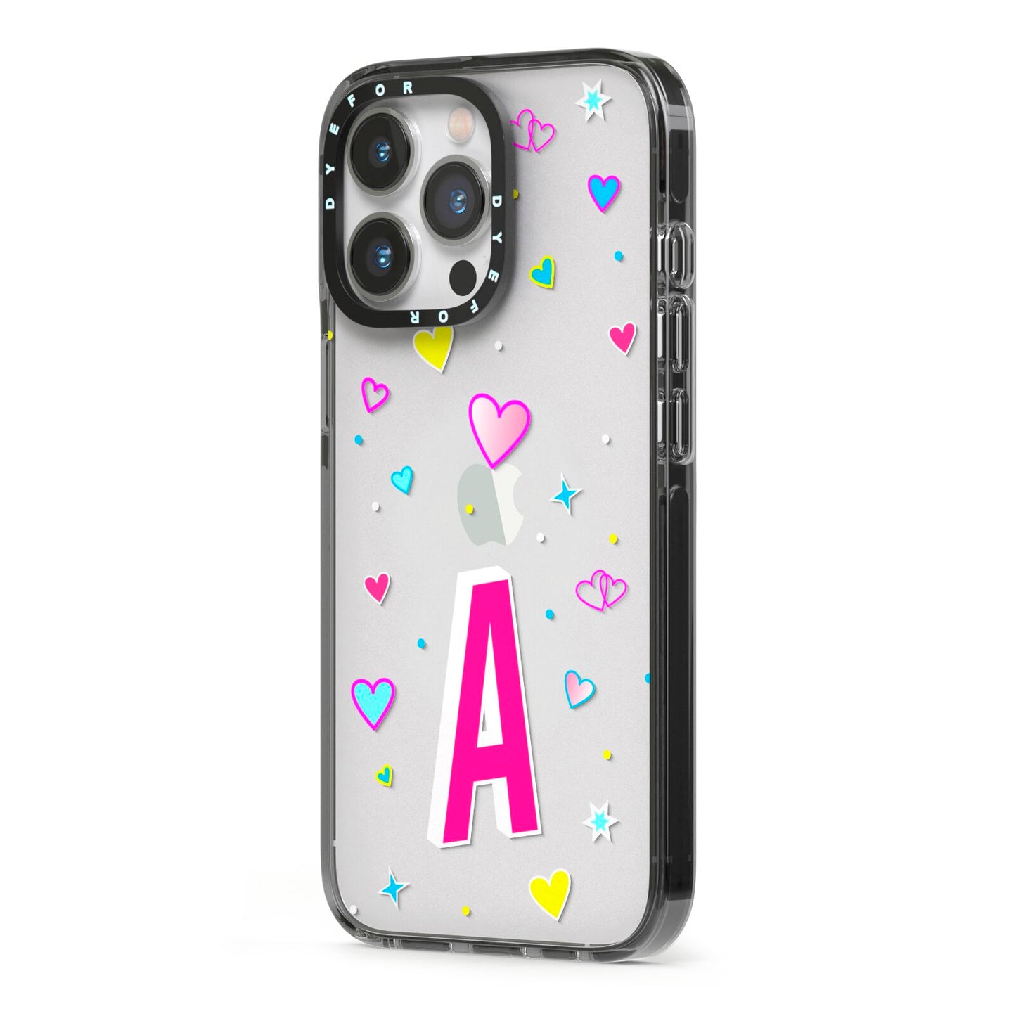 Personalised Heart Alphabet Clear iPhone 13 Pro Black Impact Case Side Angle on Silver phone