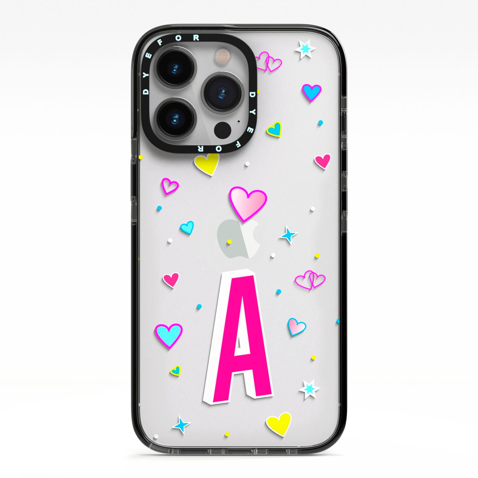 Personalised Heart Alphabet Clear iPhone 13 Pro Black Impact Case on Silver phone