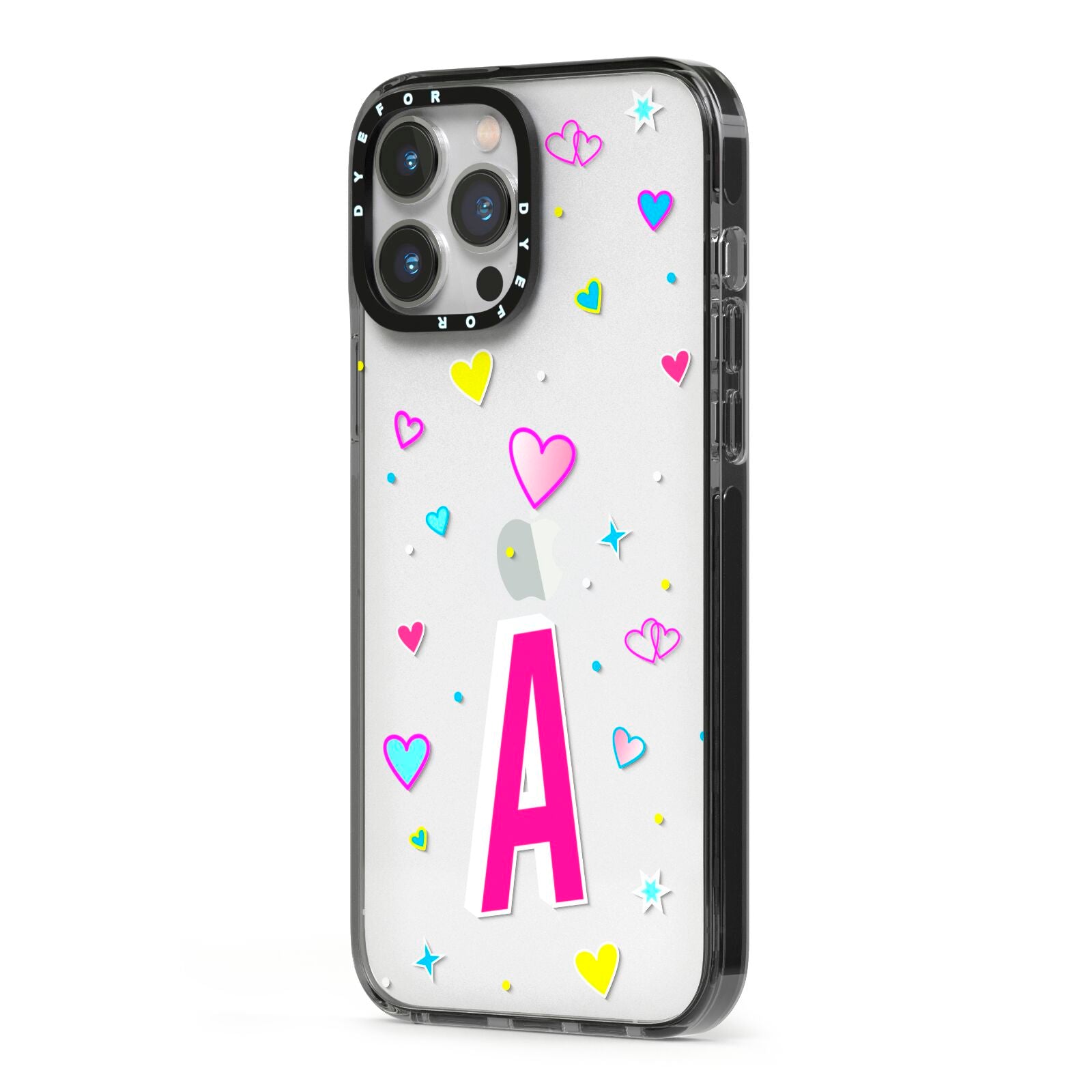 Personalised Heart Alphabet Clear iPhone 13 Pro Max Black Impact Case Side Angle on Silver phone