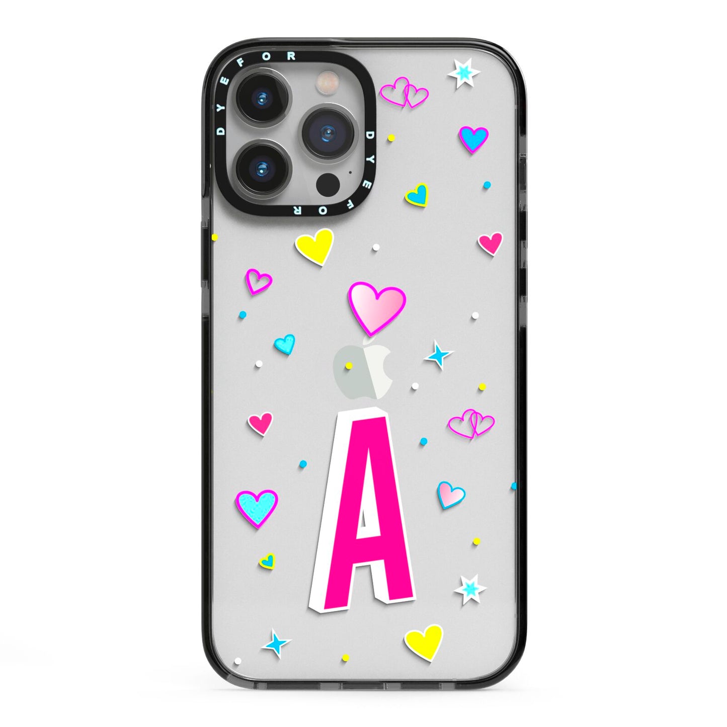 Personalised Heart Alphabet Clear iPhone 13 Pro Max Black Impact Case on Silver phone