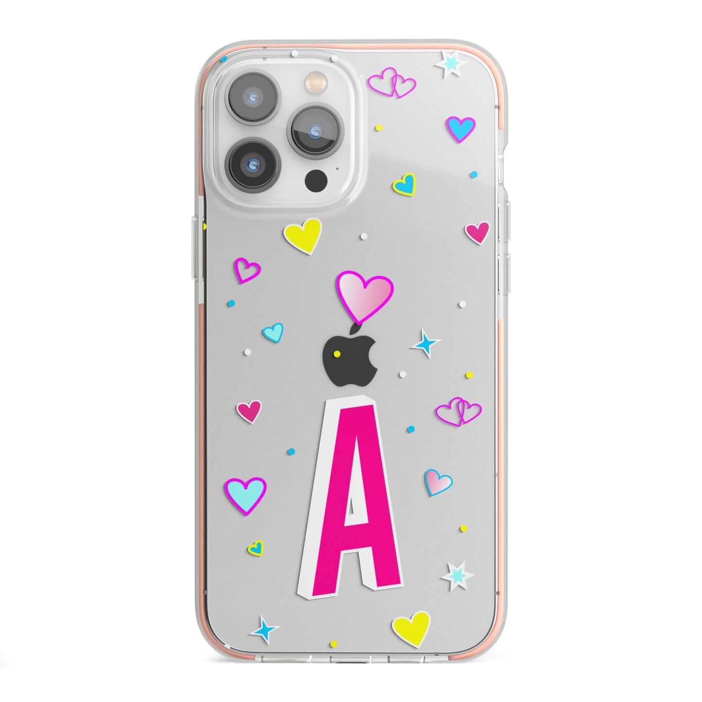 Personalised Heart Alphabet Clear iPhone 13 Pro Max TPU Impact Case with Pink Edges