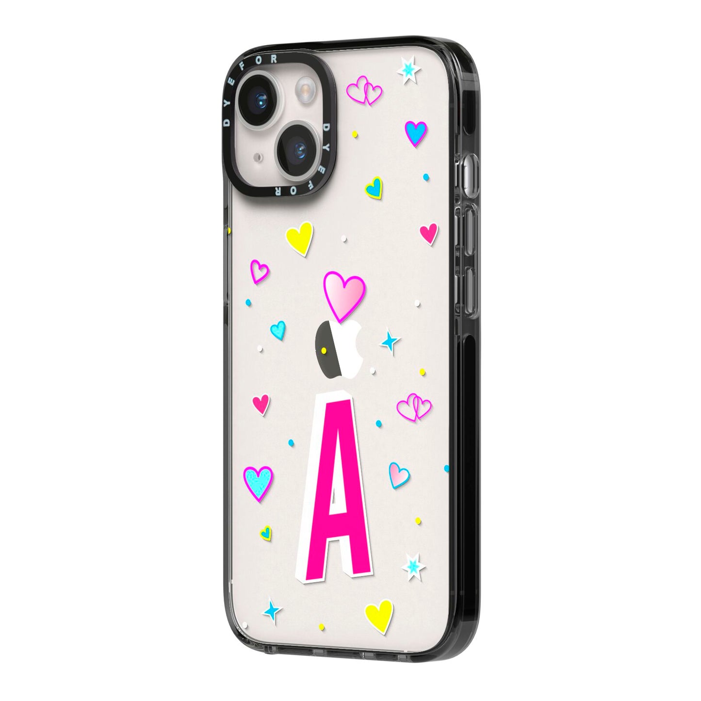 Personalised Heart Alphabet Clear iPhone 14 Black Impact Case Side Angle on Silver phone