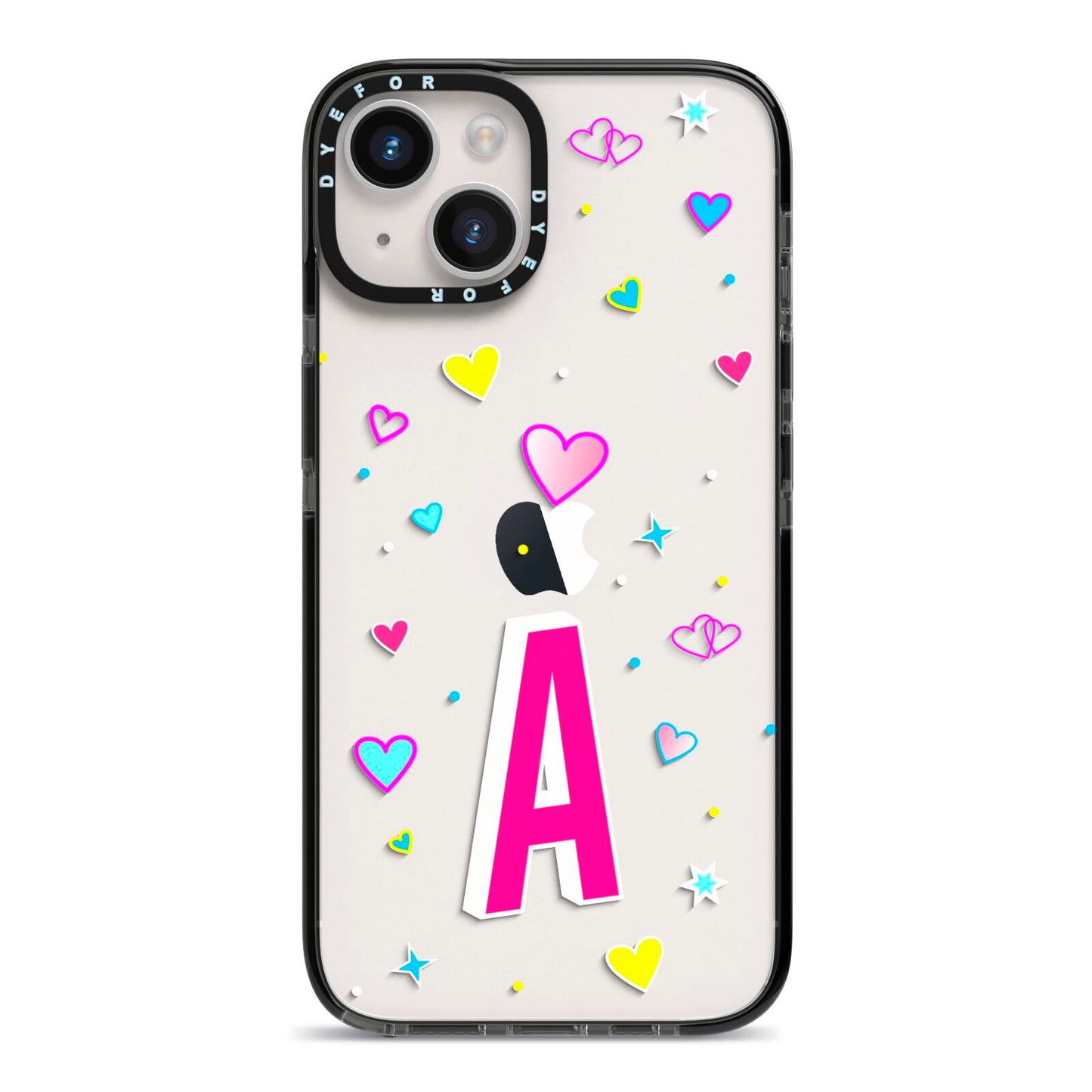 Personalised Heart Alphabet Clear iPhone 14 Black Impact Case on Silver phone