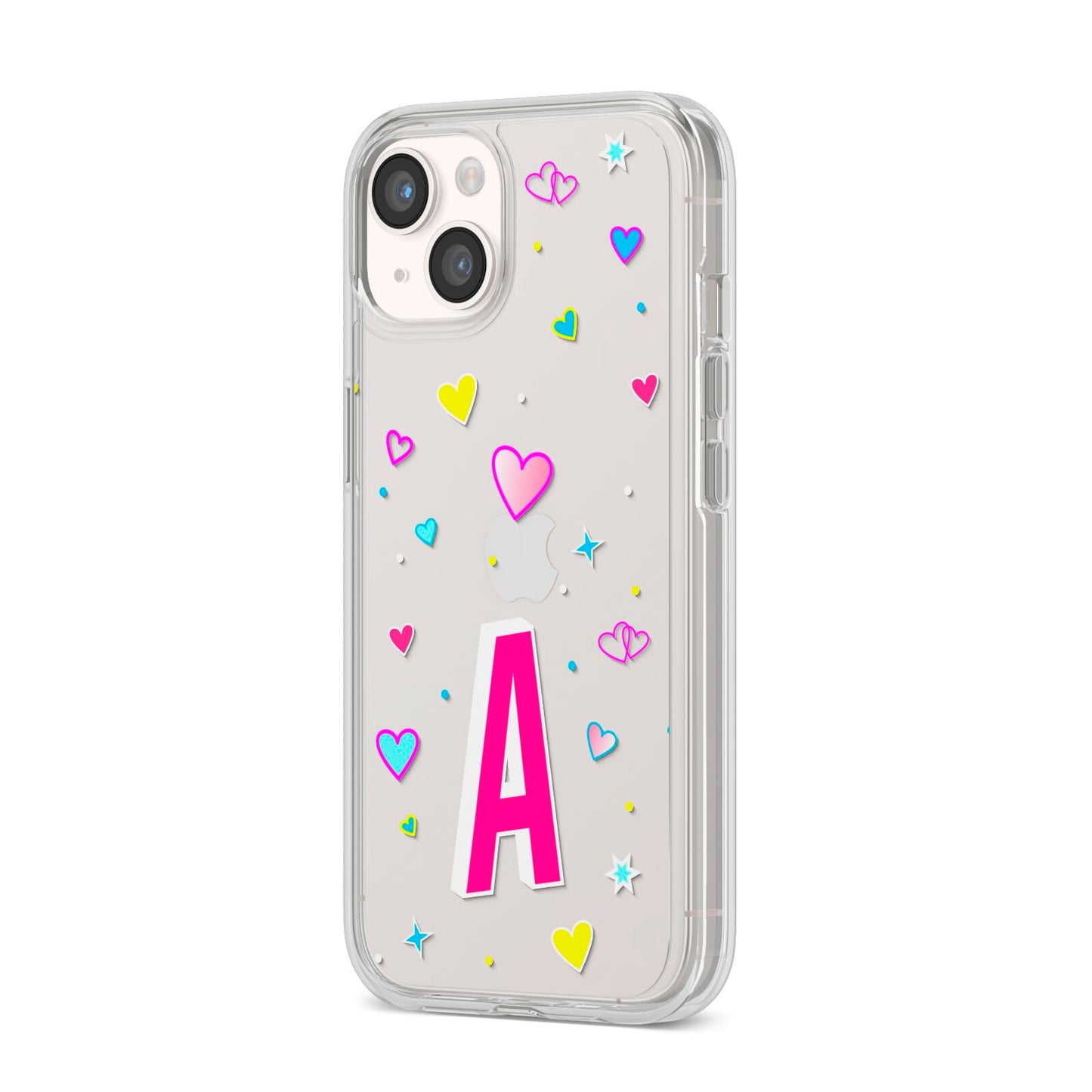 Personalised Heart Alphabet Clear iPhone 14 Clear Tough Case Starlight Angled Image