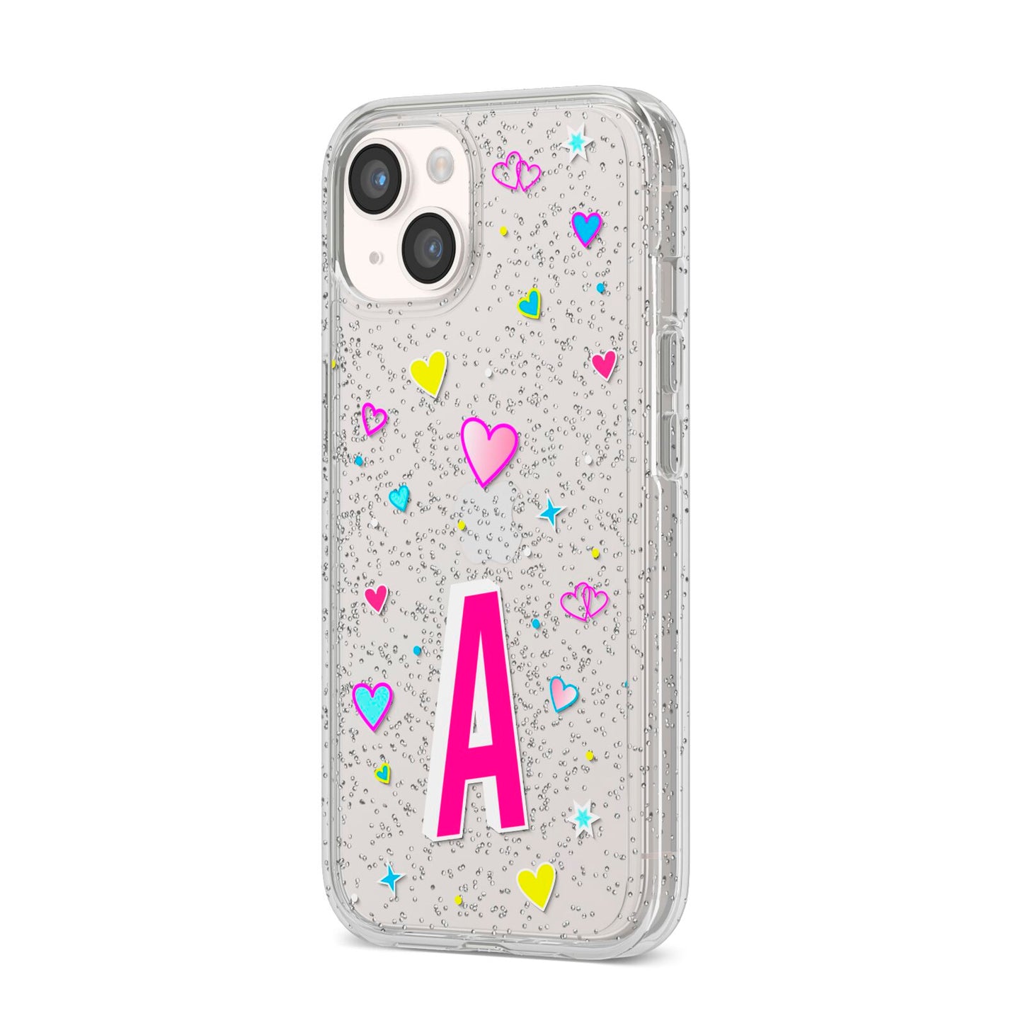 Personalised Heart Alphabet Clear iPhone 14 Glitter Tough Case Starlight Angled Image