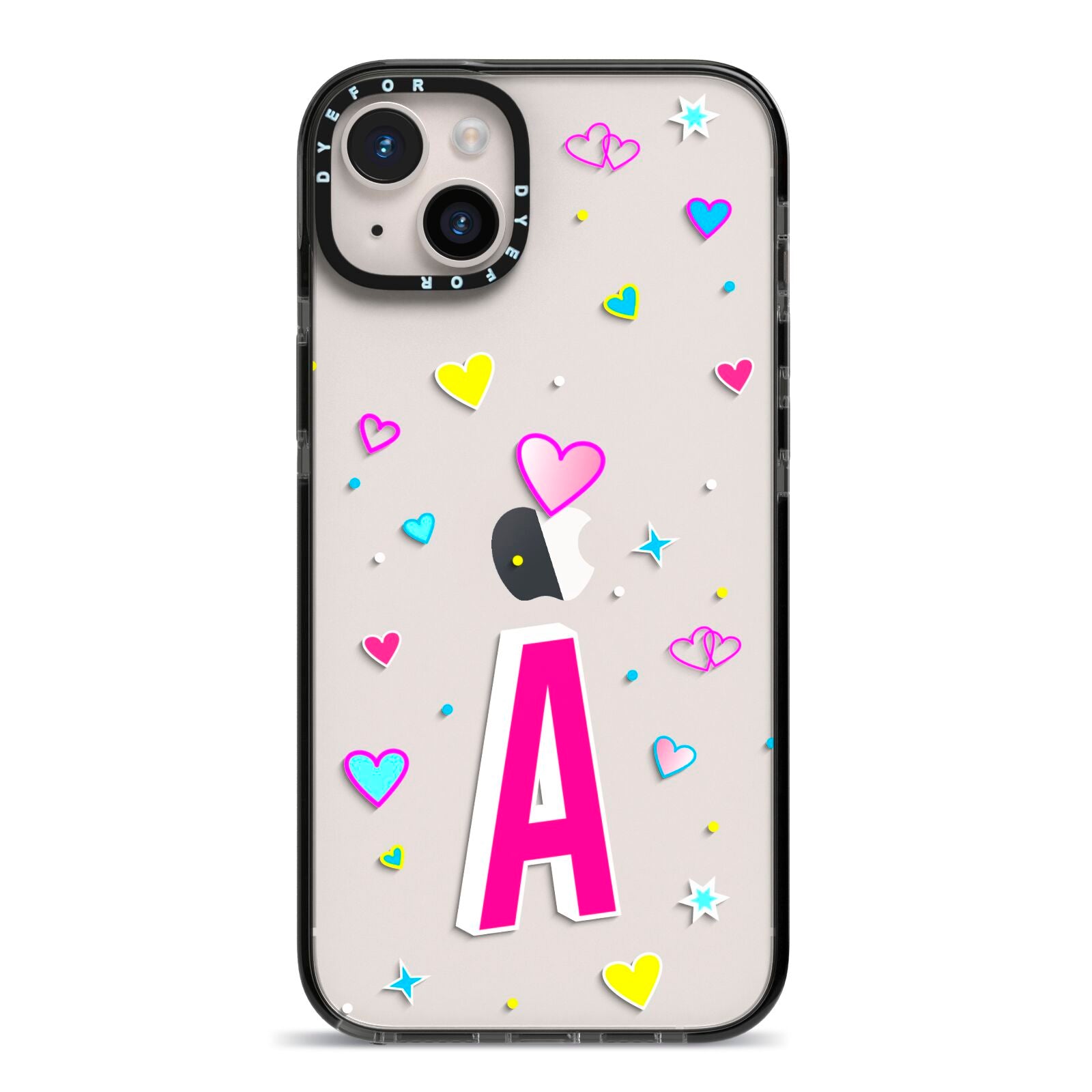 Personalised Heart Alphabet Clear iPhone 14 Plus Black Impact Case on Silver phone